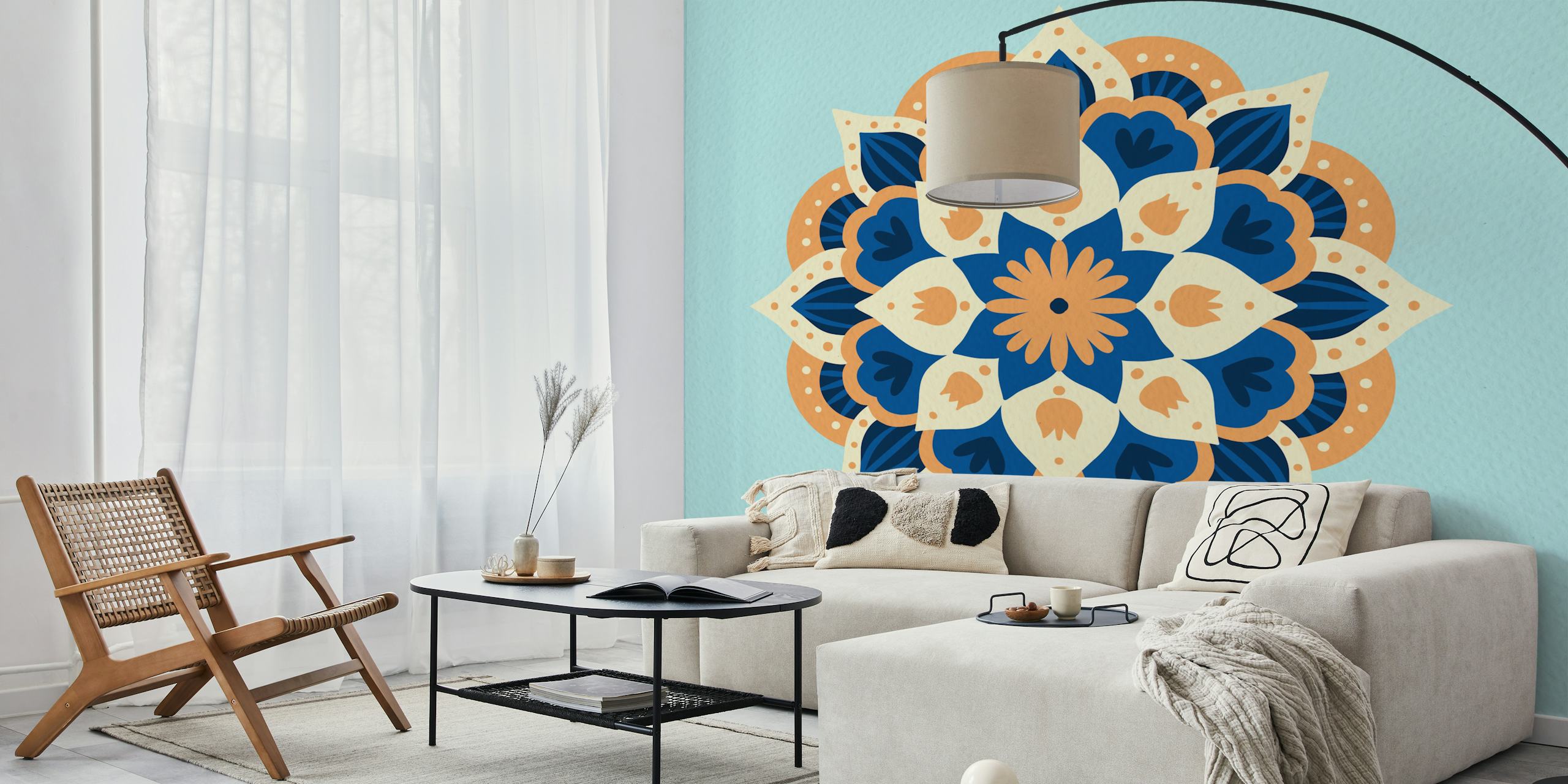Πορτοκαλί μπλε Modern dahlia mandala ταπετσαρία