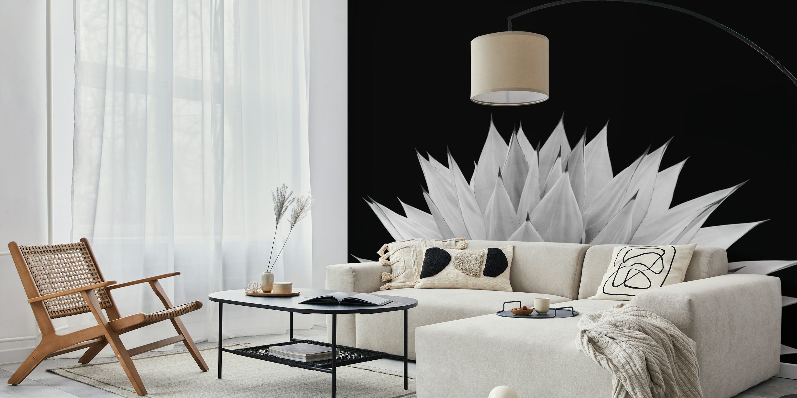 Black and white agave wallpaper in a room