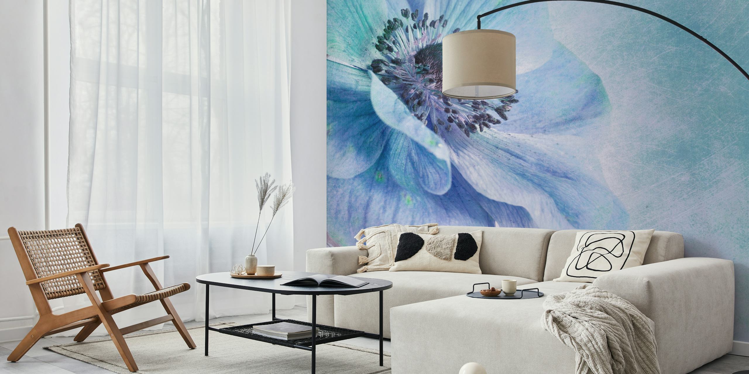 Blue floral design with soft hues and textured background wallpaper