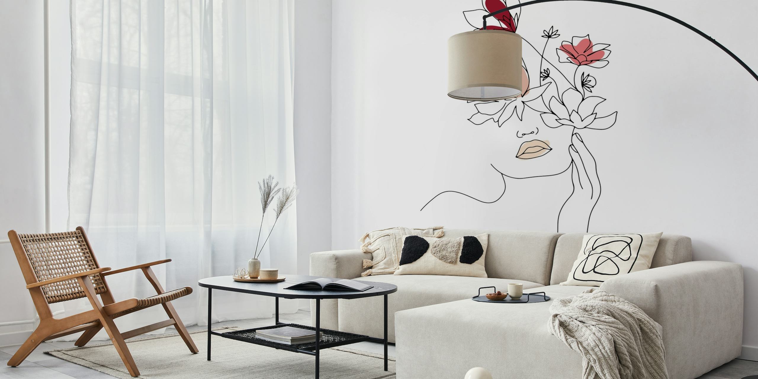 Elegant wall mural featuring a woman line art drawing surrounded by intricate floral designs