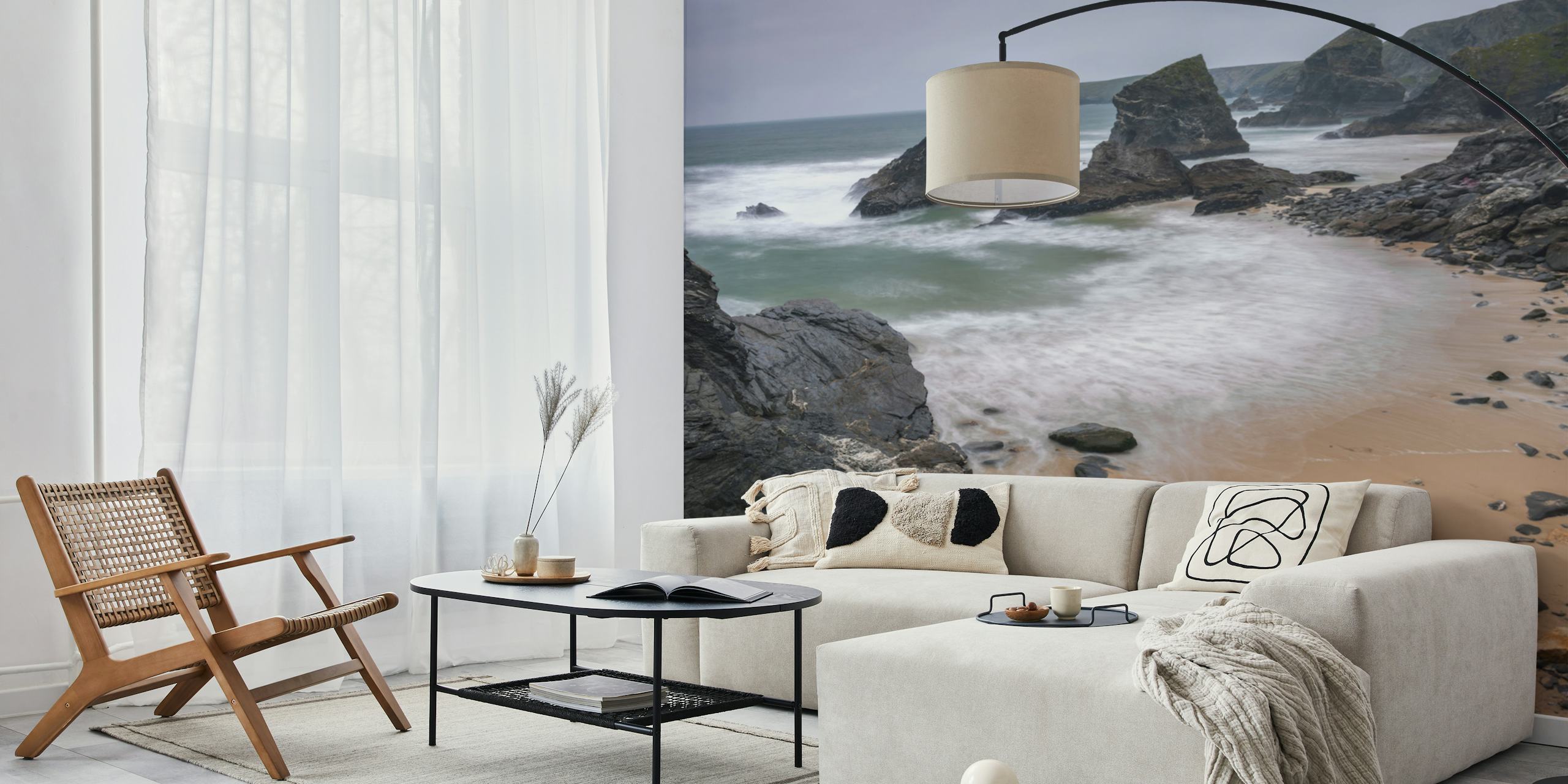 Bedruthan Steps Coastline wall mural showing towering sea stacks and foamy waves