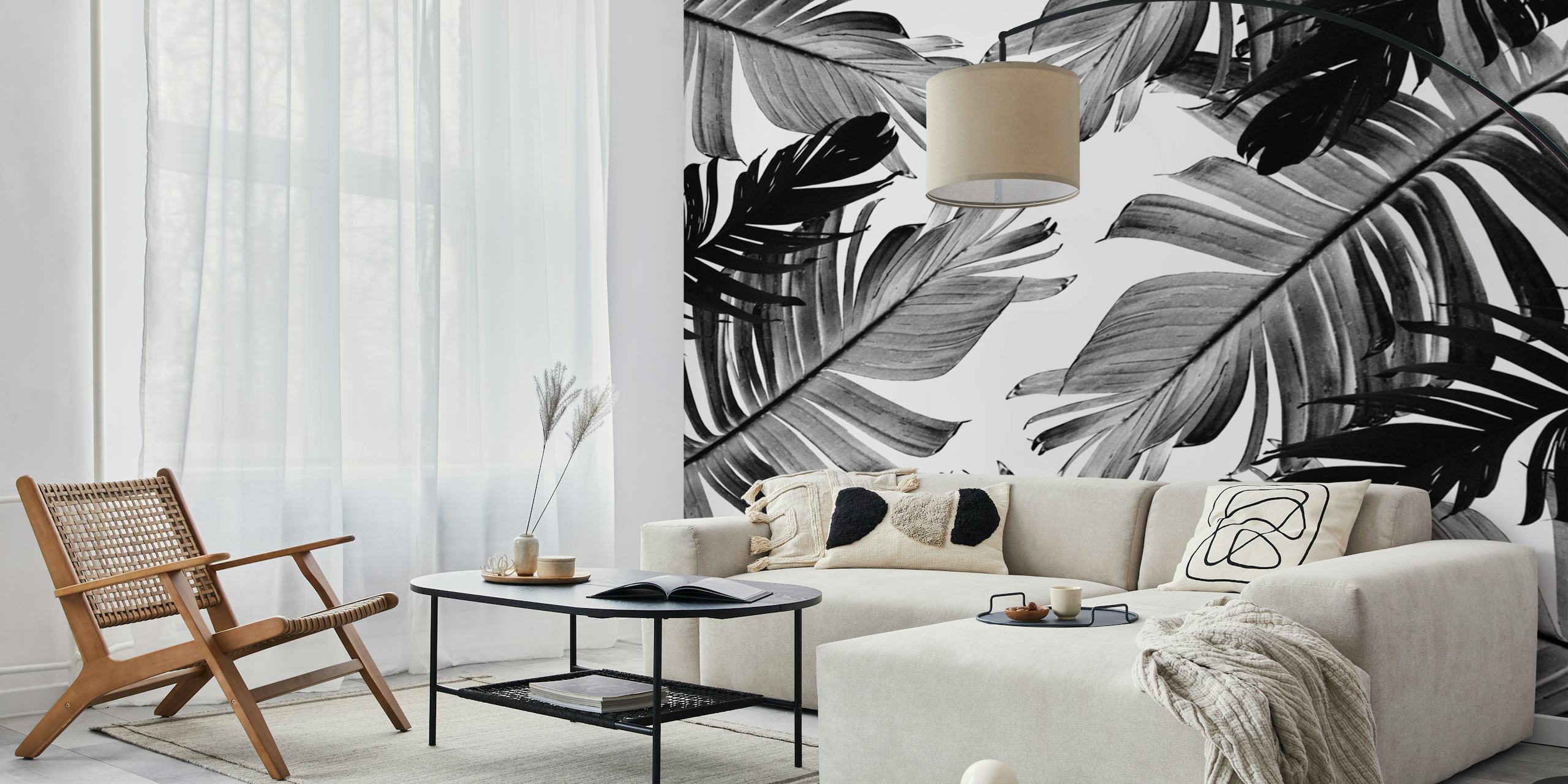 Black and white tropical banana leaves wallpaper