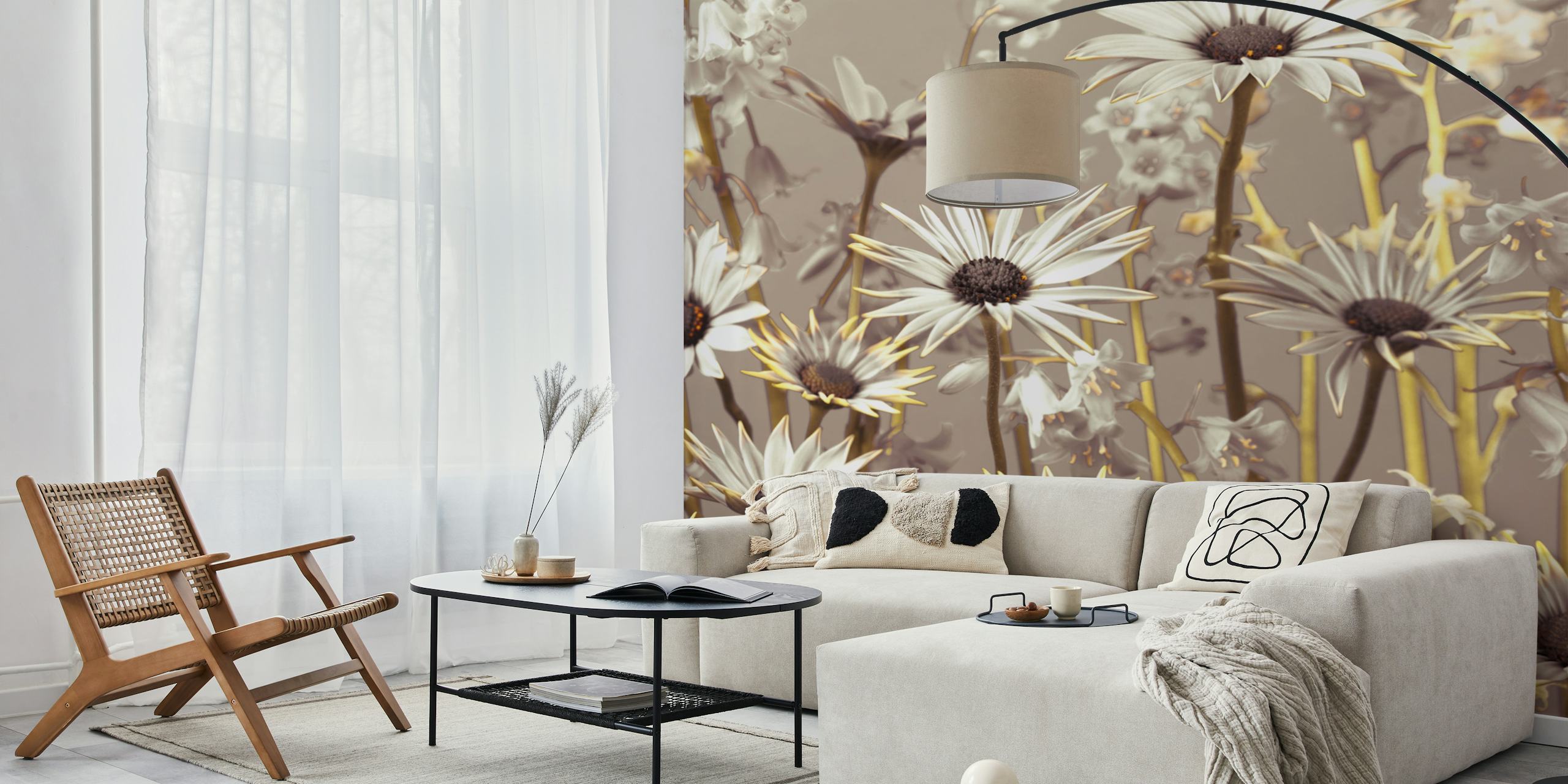 White flowers with grey background floral wallpaper