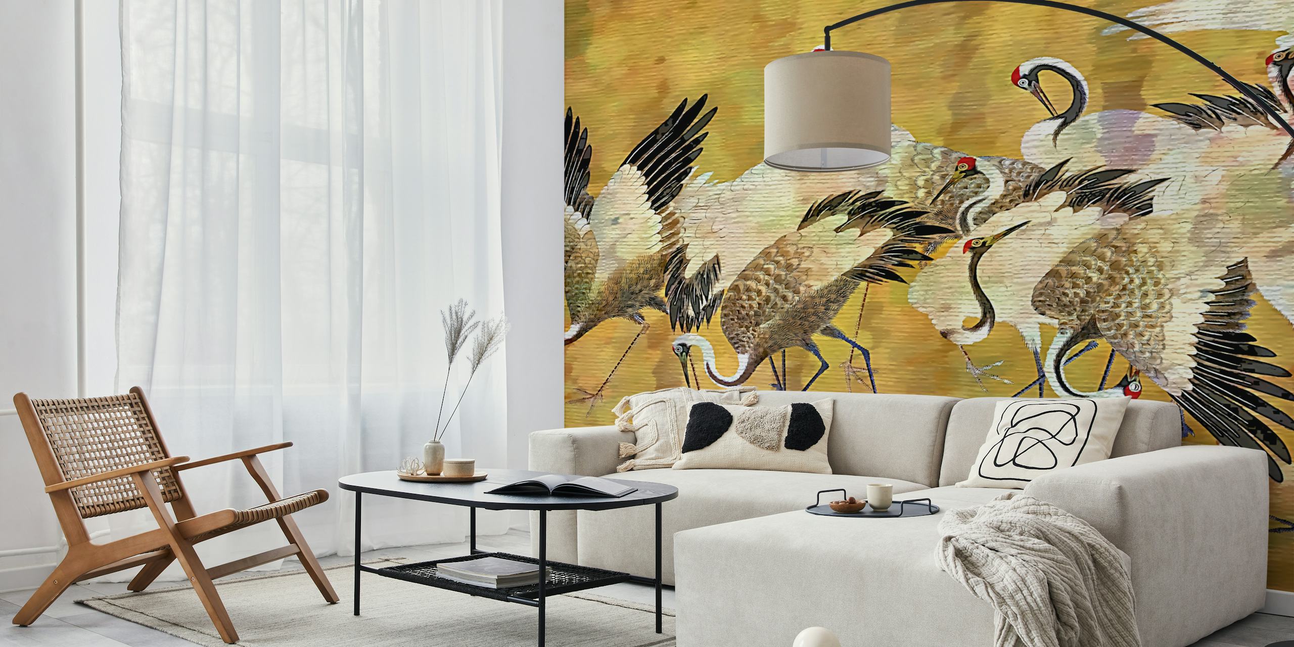 Vintage crane birds in earthy tones wallpaper