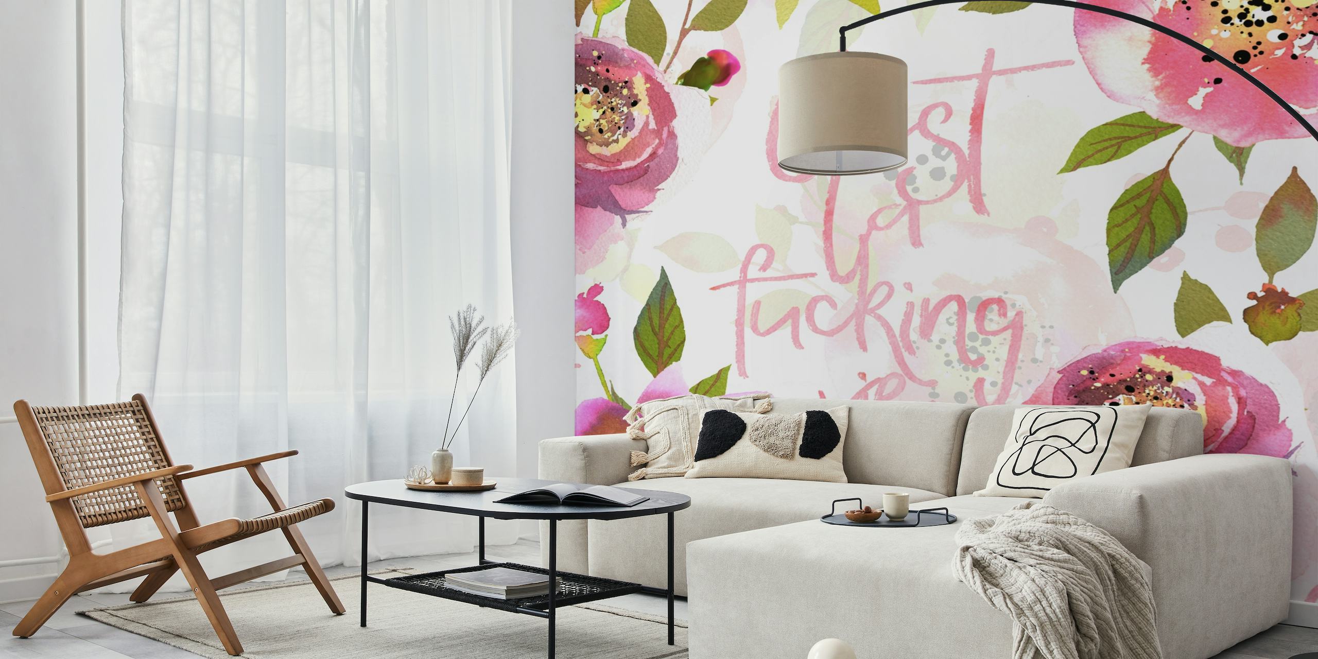 Floral wall mural with pink blooms and 'C est la fucking vie' phrase