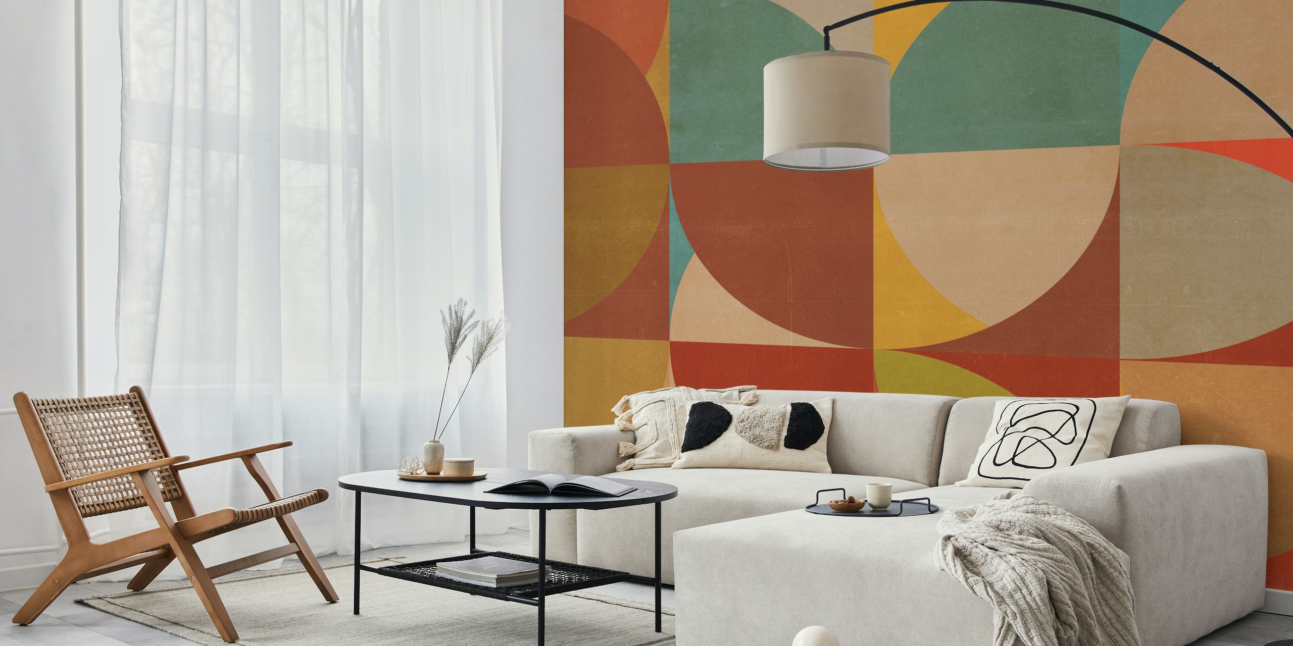 Geometric abstract shapes in red, green, orange, and blue wallpaper