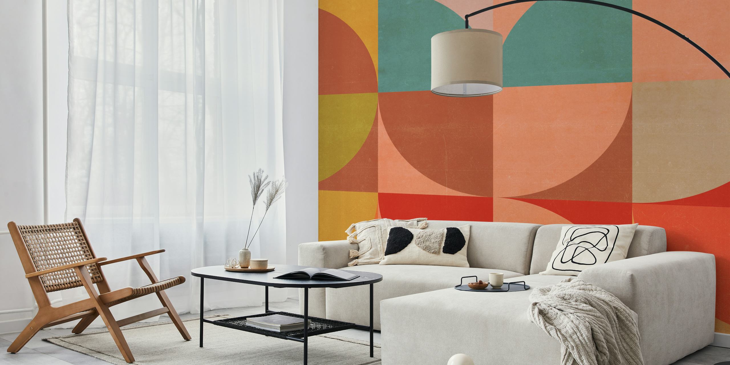 Colorful geometric shapes orange, yellow, teal, and pink wallpaper