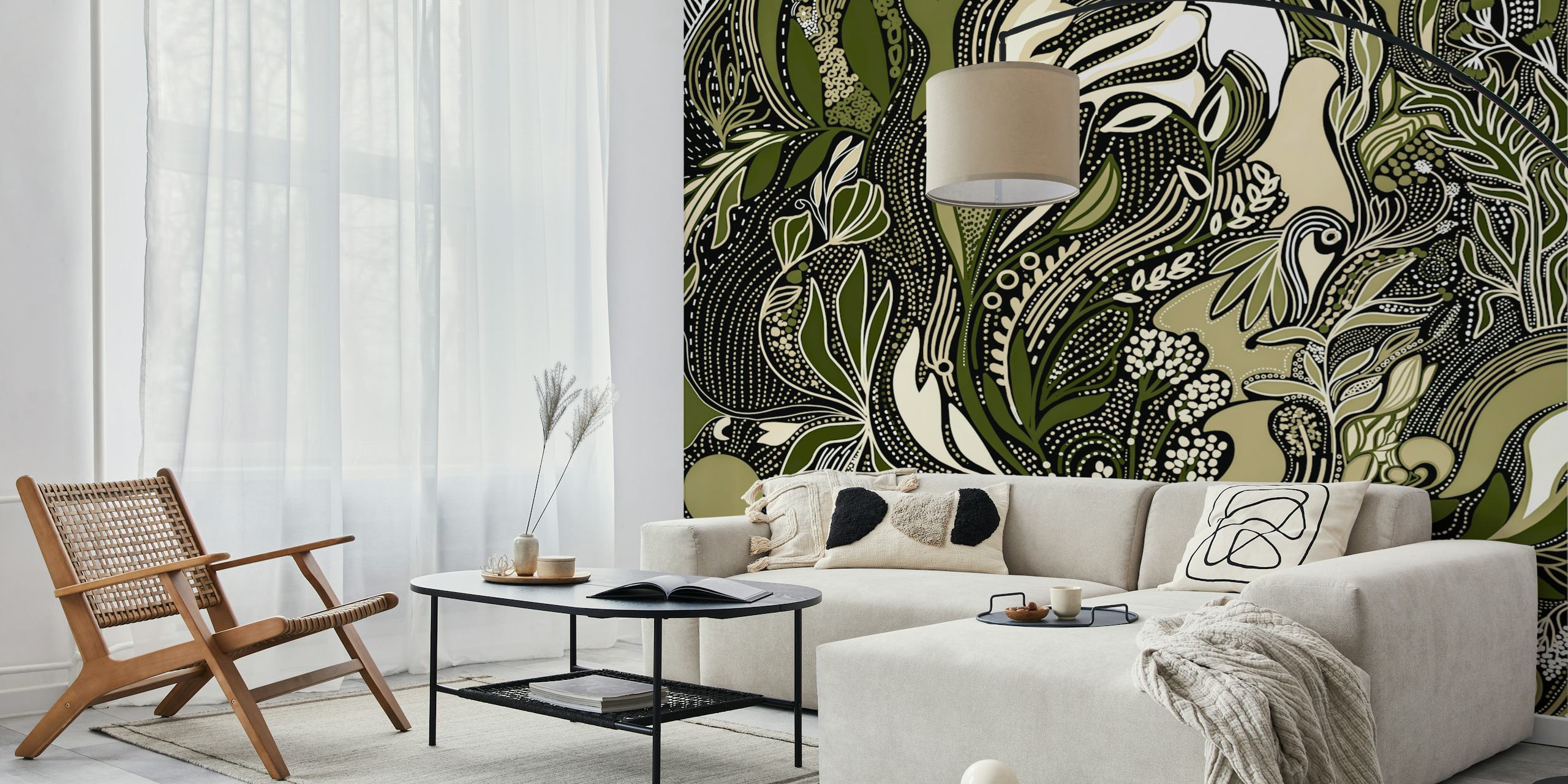 Botanical pattern in green and beige tones wallpaper