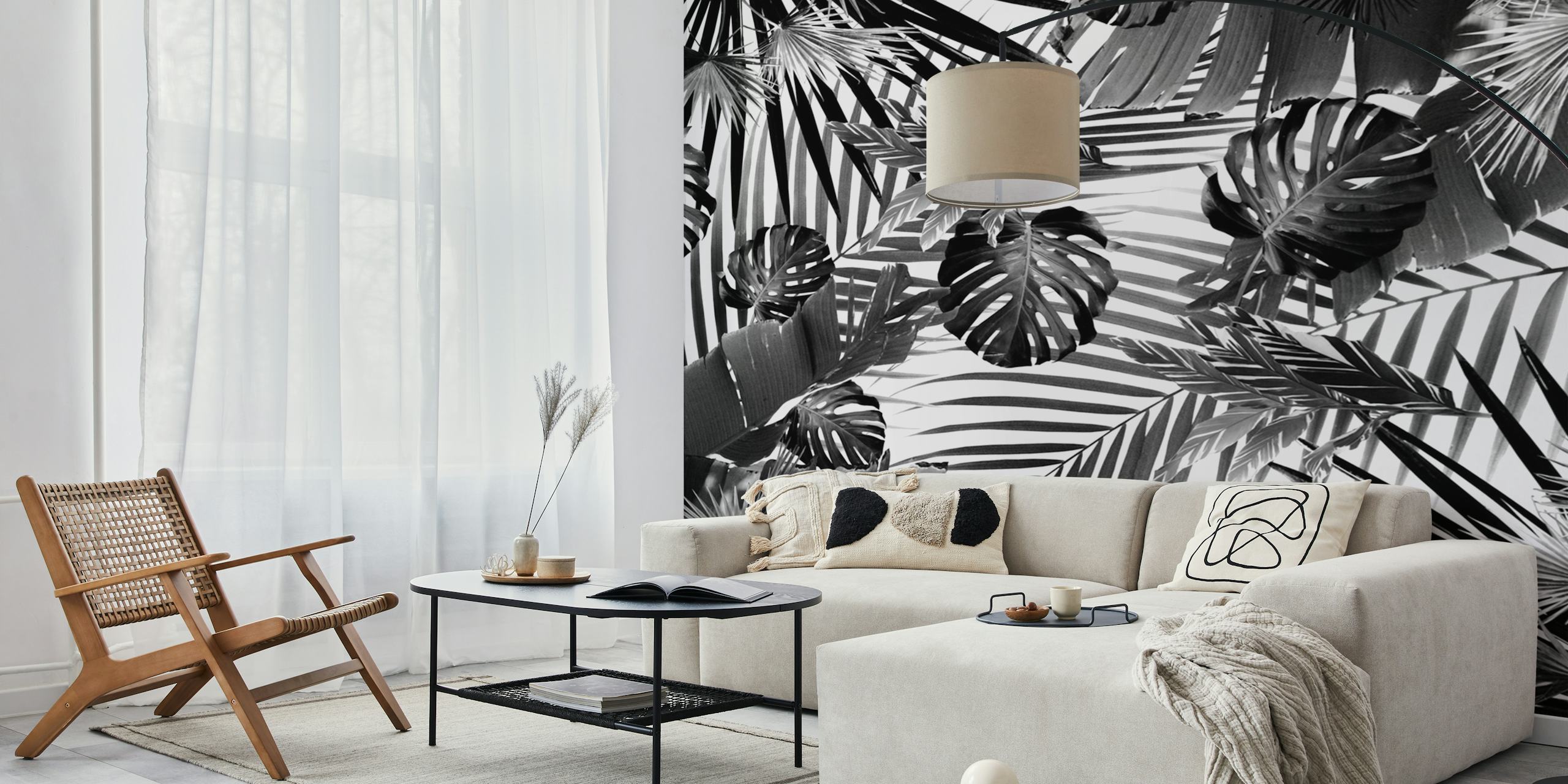 Black and white palm leaf pattern wallpaper.