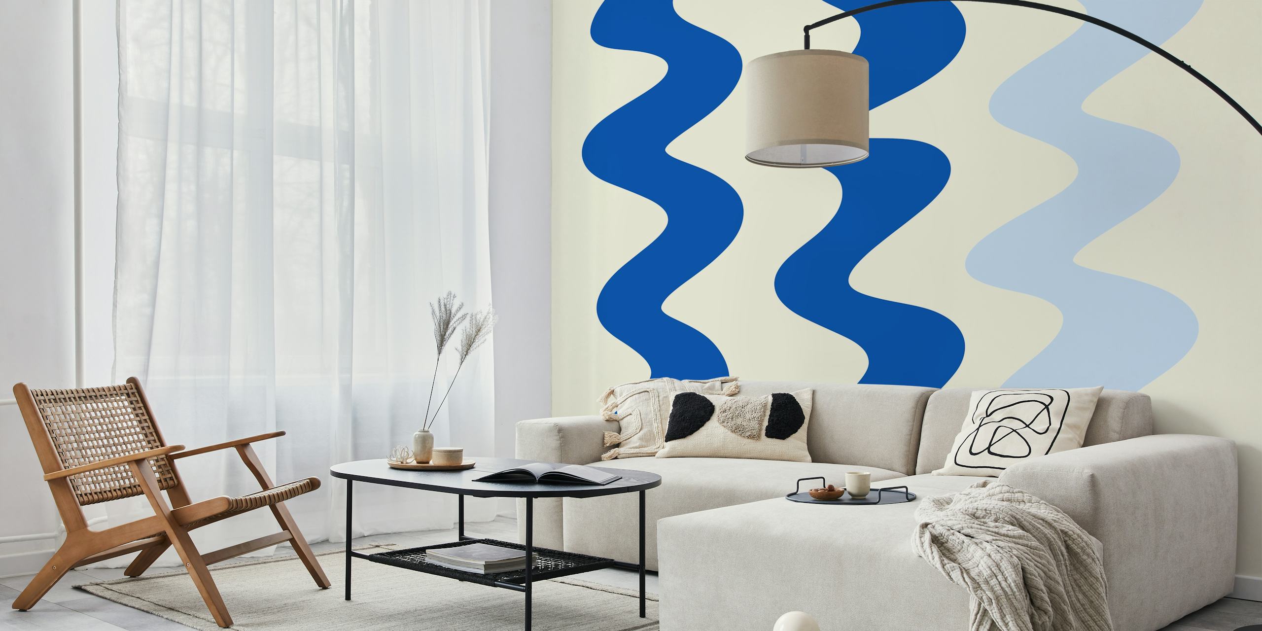 Blue wavy lines on a cream background wallpaper