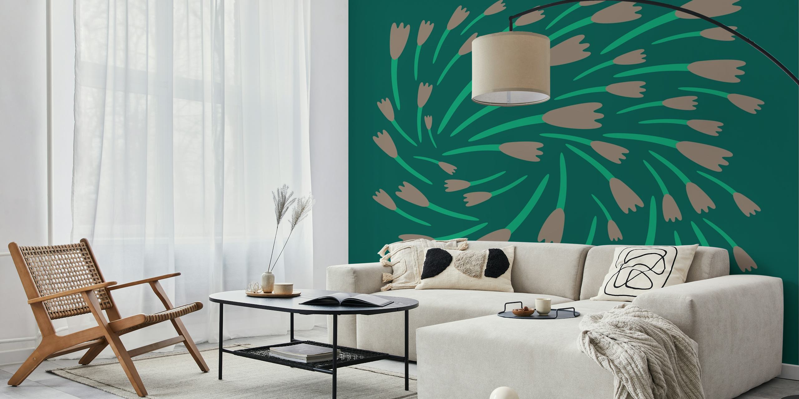 Turning flowers wallpaper in a room setting