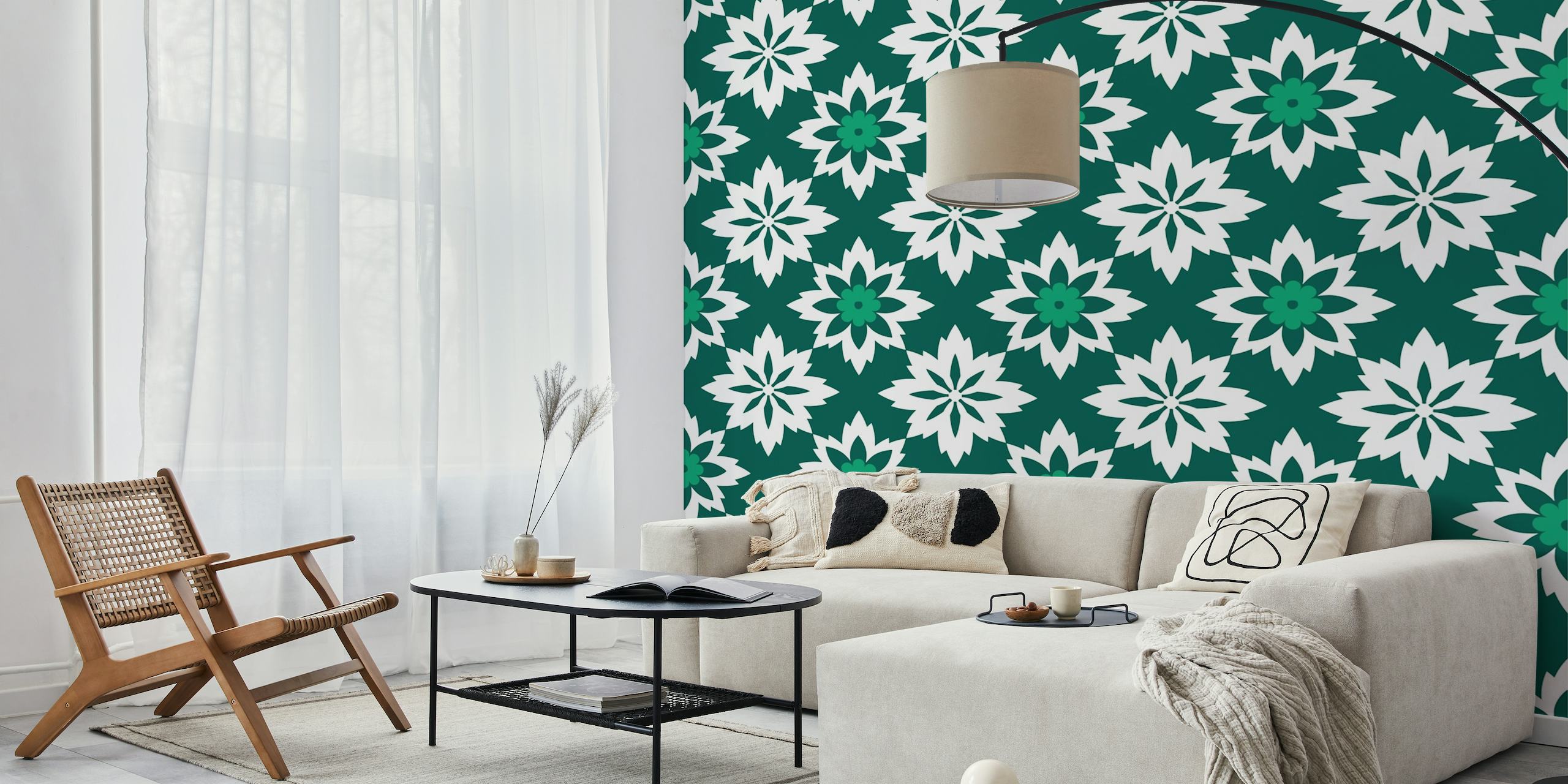 Morrocan abstract floral pattern forest green wallpaper