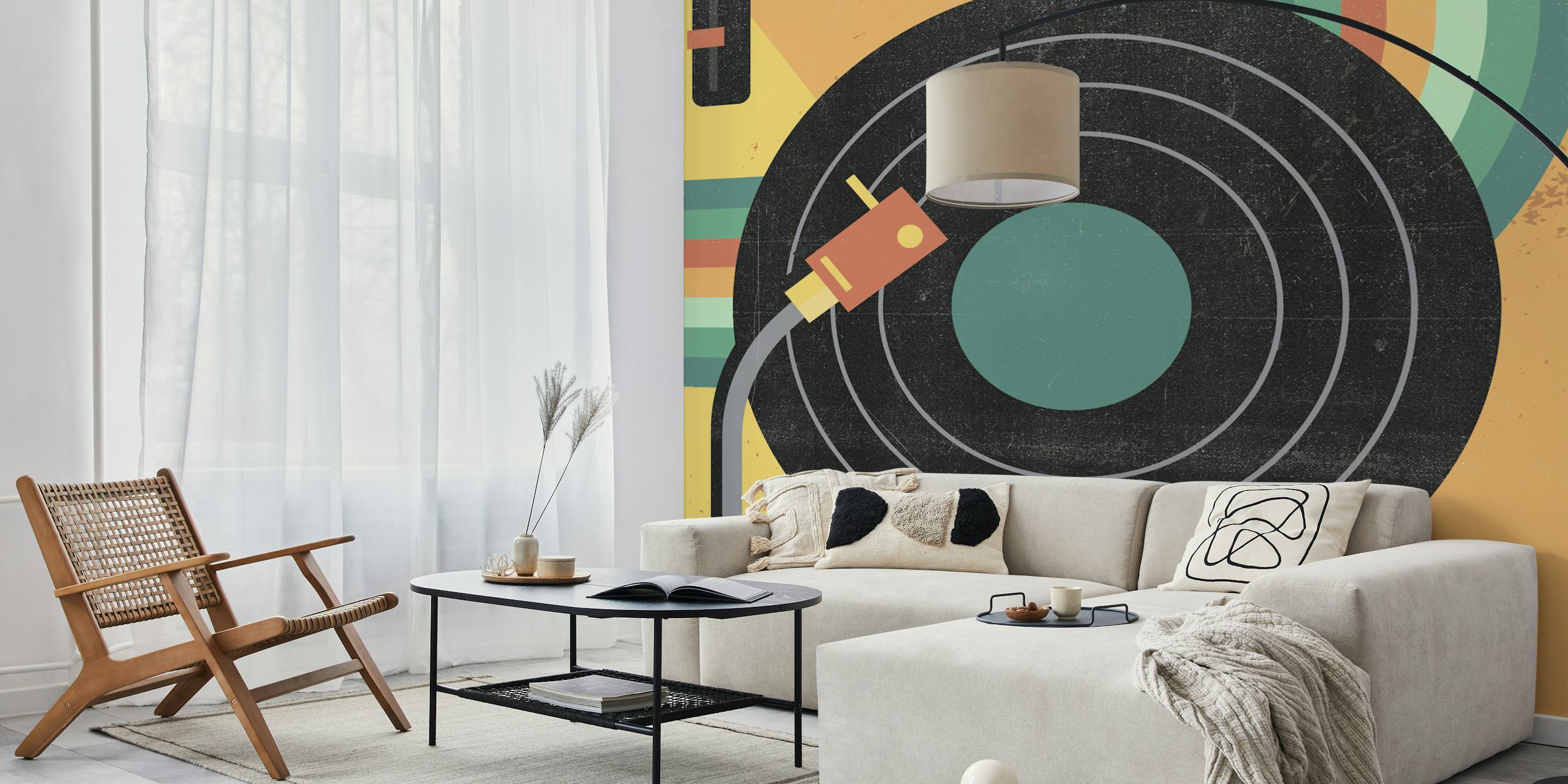 Vinyl record and turntable arm wall mural with colorful geometric background