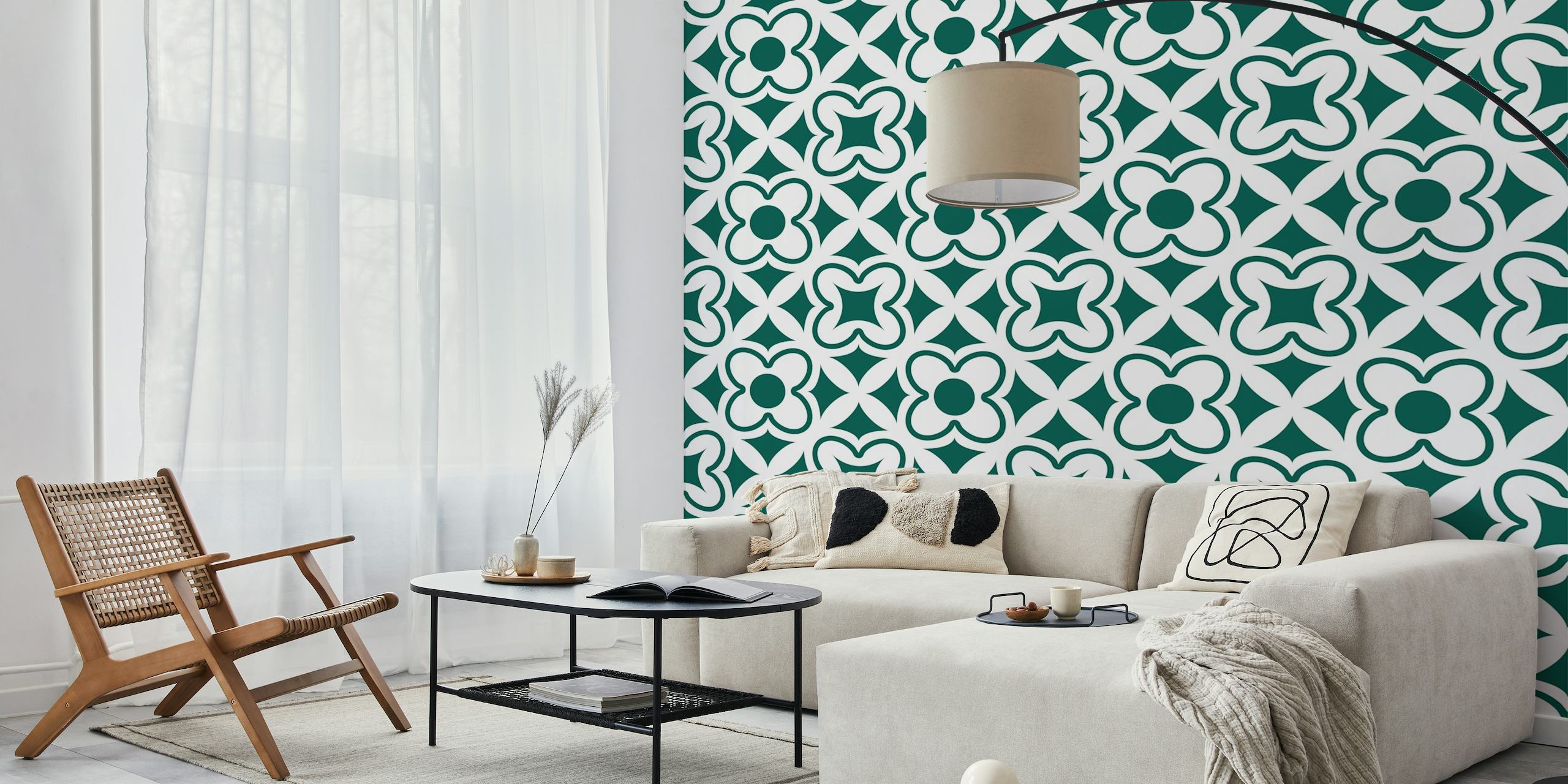 Turkish tile floral pattern forest green wallpaper