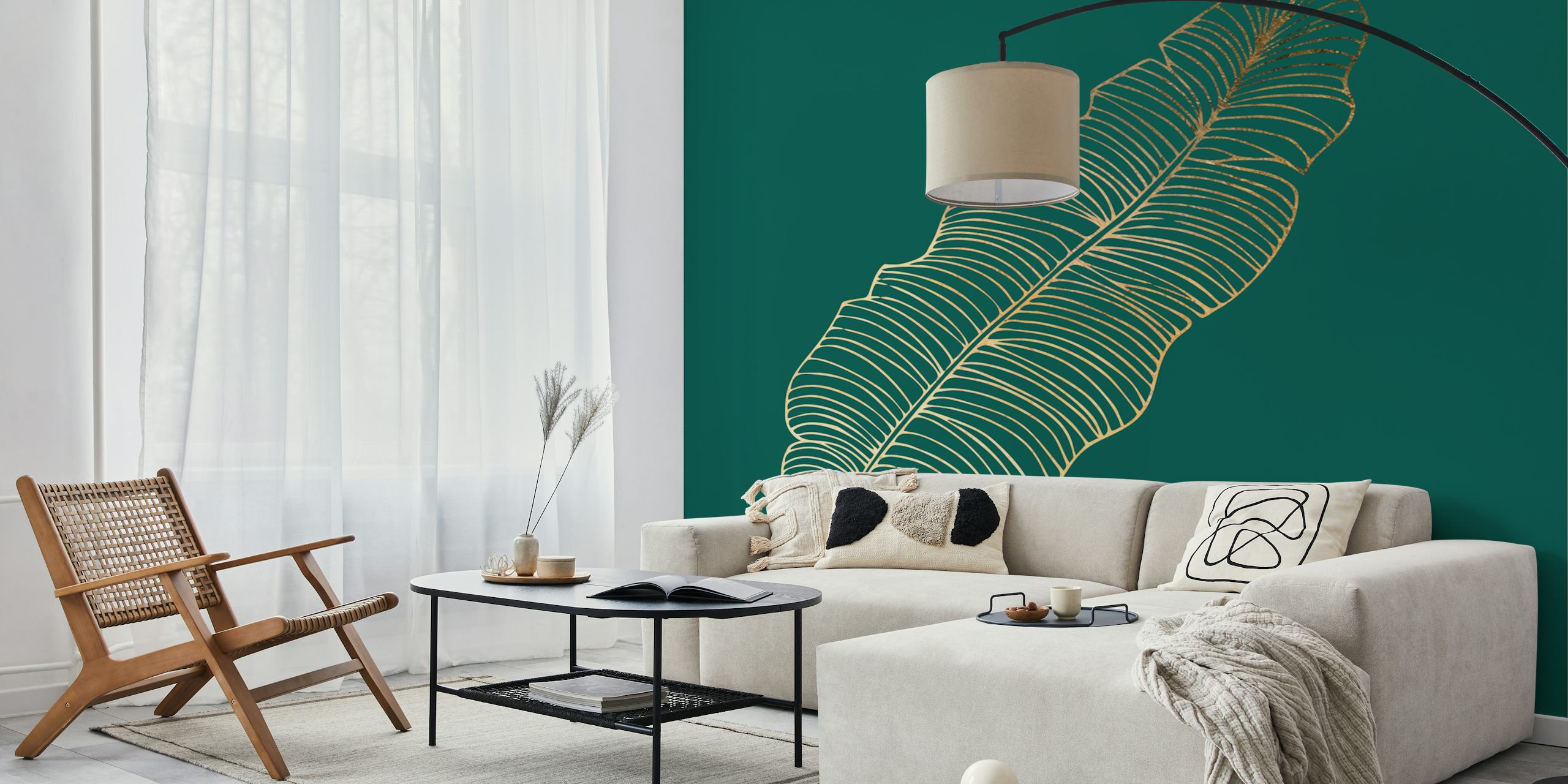 Jungle green jumbo palm leaf wallpaper in a room