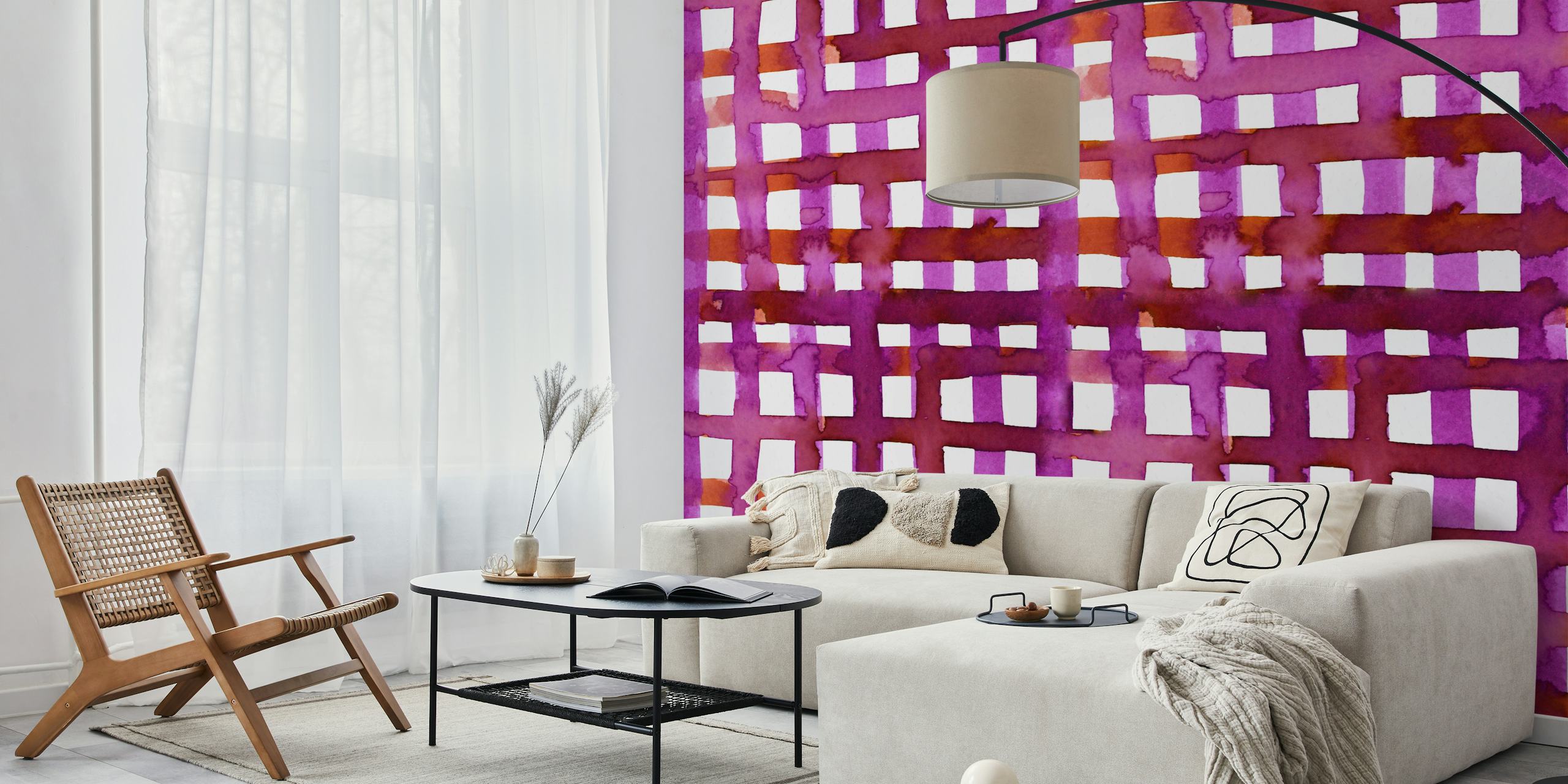 Watercolor magenta grid wallpaper in a room