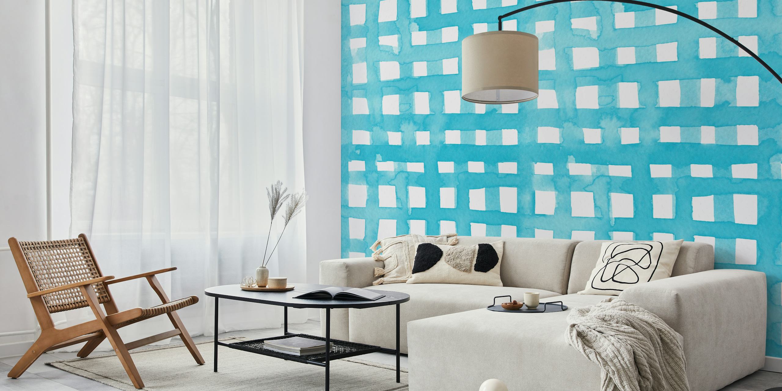Pastel blue grid watercolor wallpaper displayed in a room