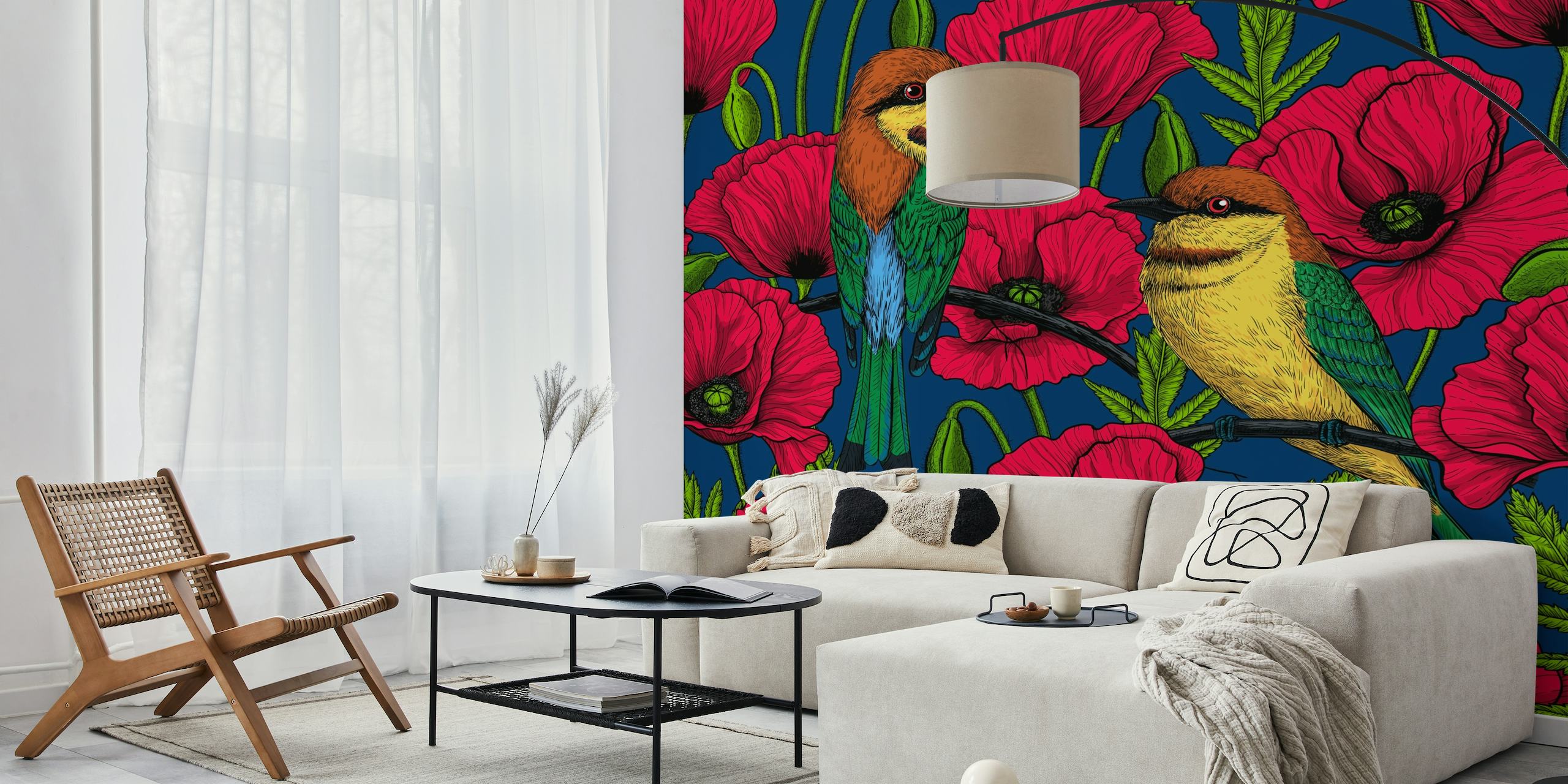 Bee eaters and poppies wallpaper