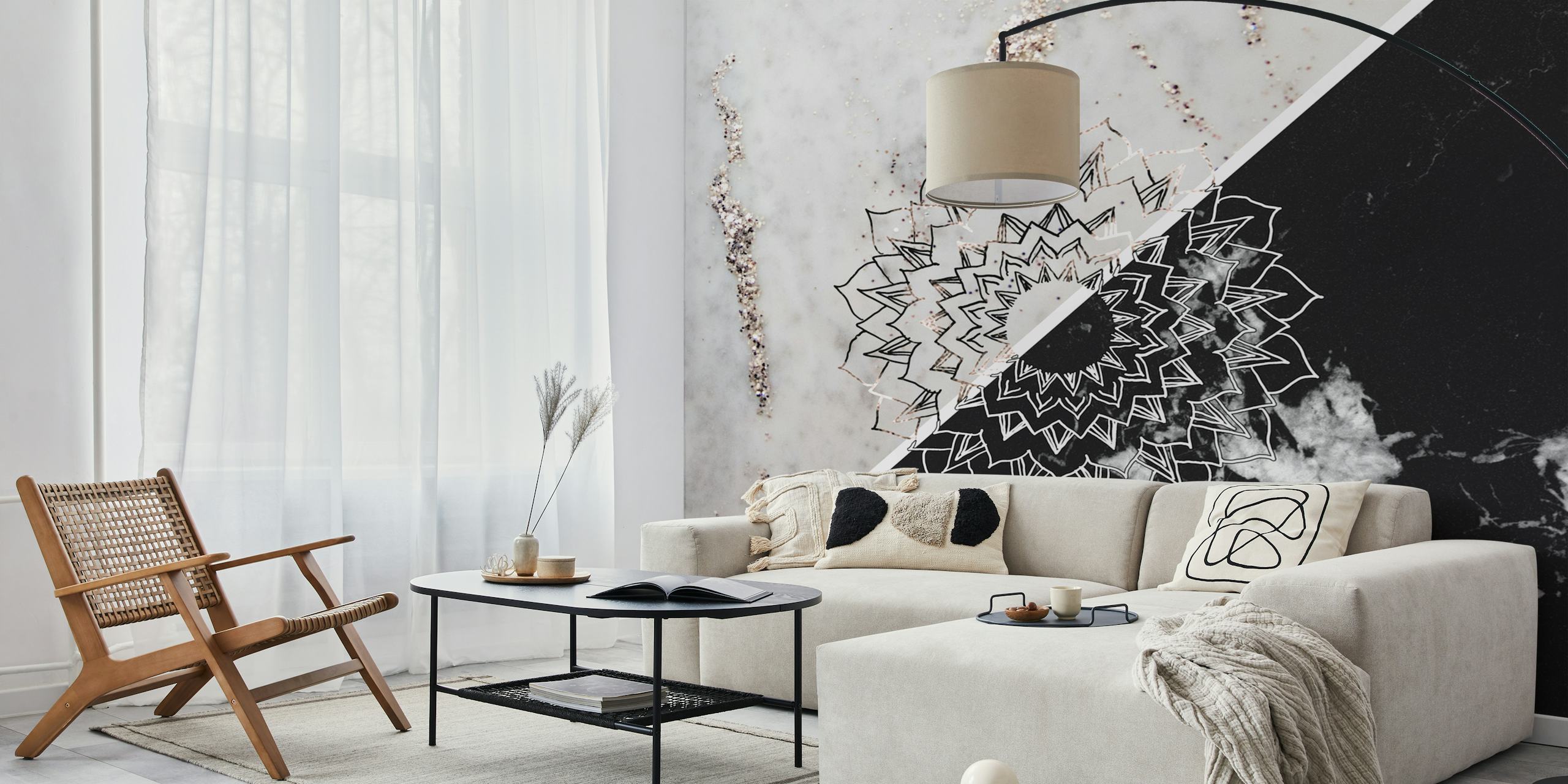Yin Yang Mandala över en kluven svart och vit marmor bakgrunds tapet