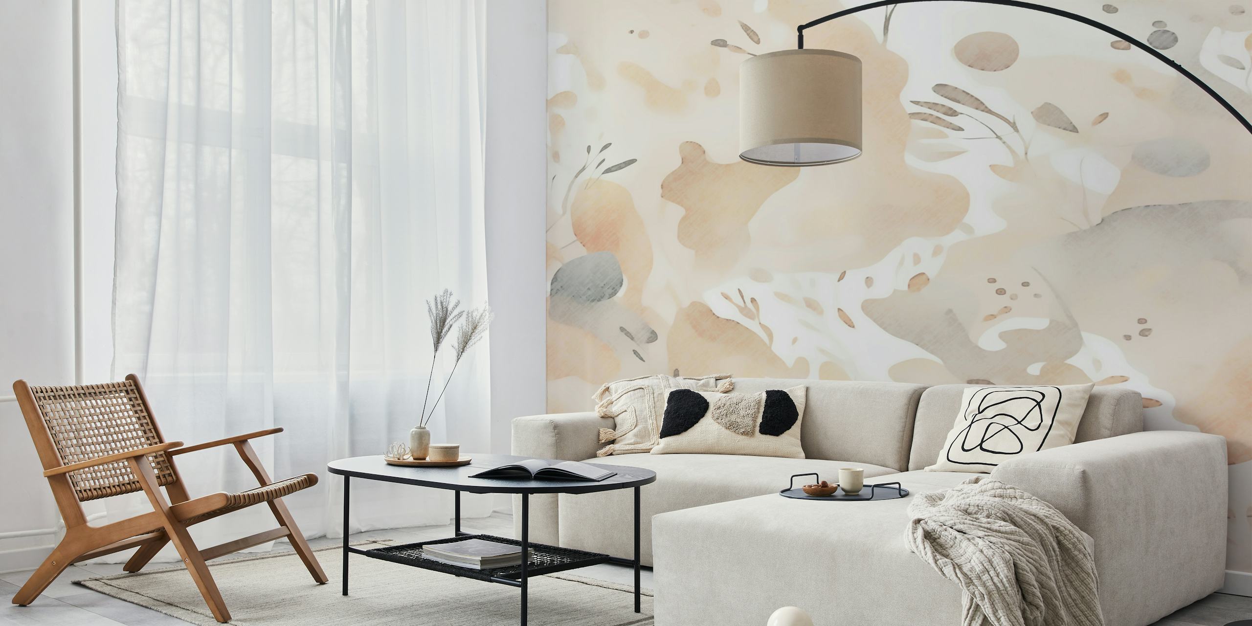 Papier peint mural Soft Peach Wildflower Meadow avec un motif floral subtil