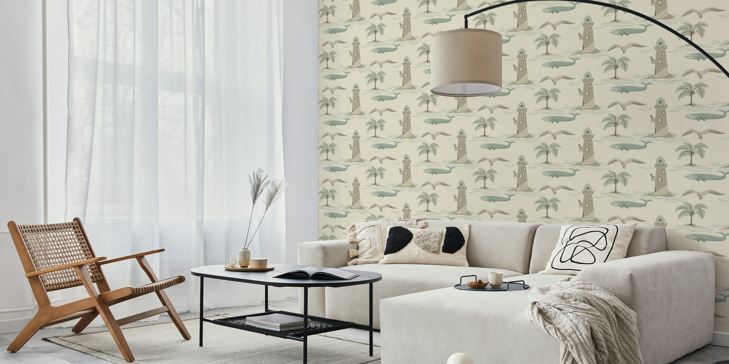 Lighthouses with whales wallpaper in a room