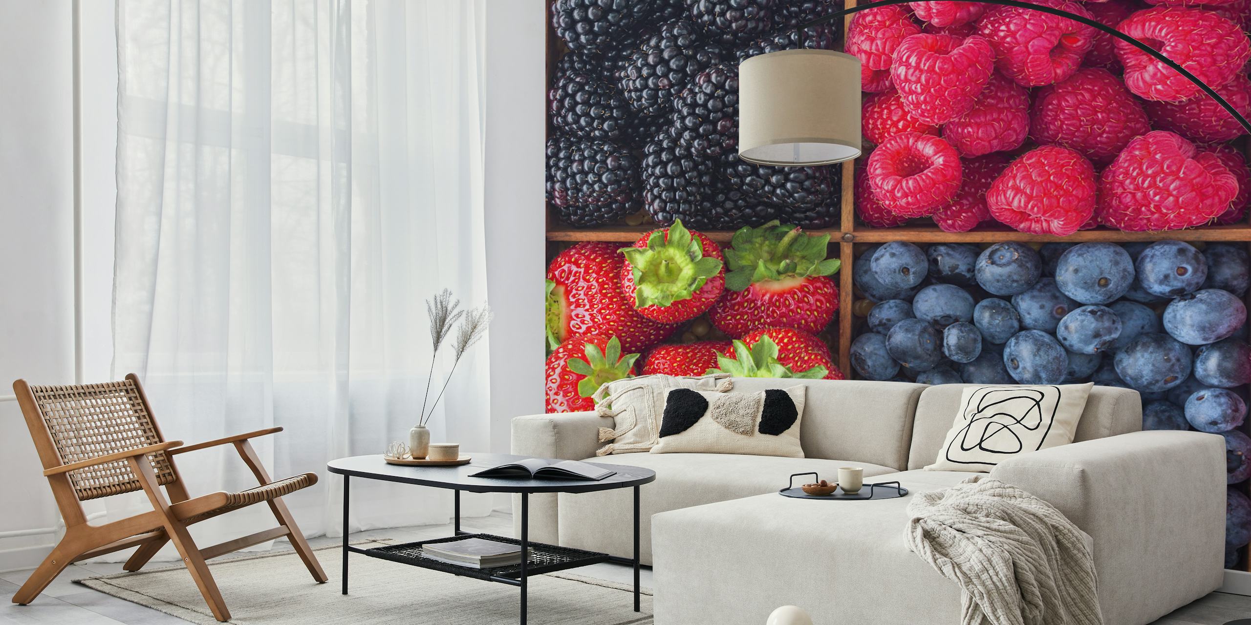 assorted berries in wooden boxes, red, black, blue, green wallpaper