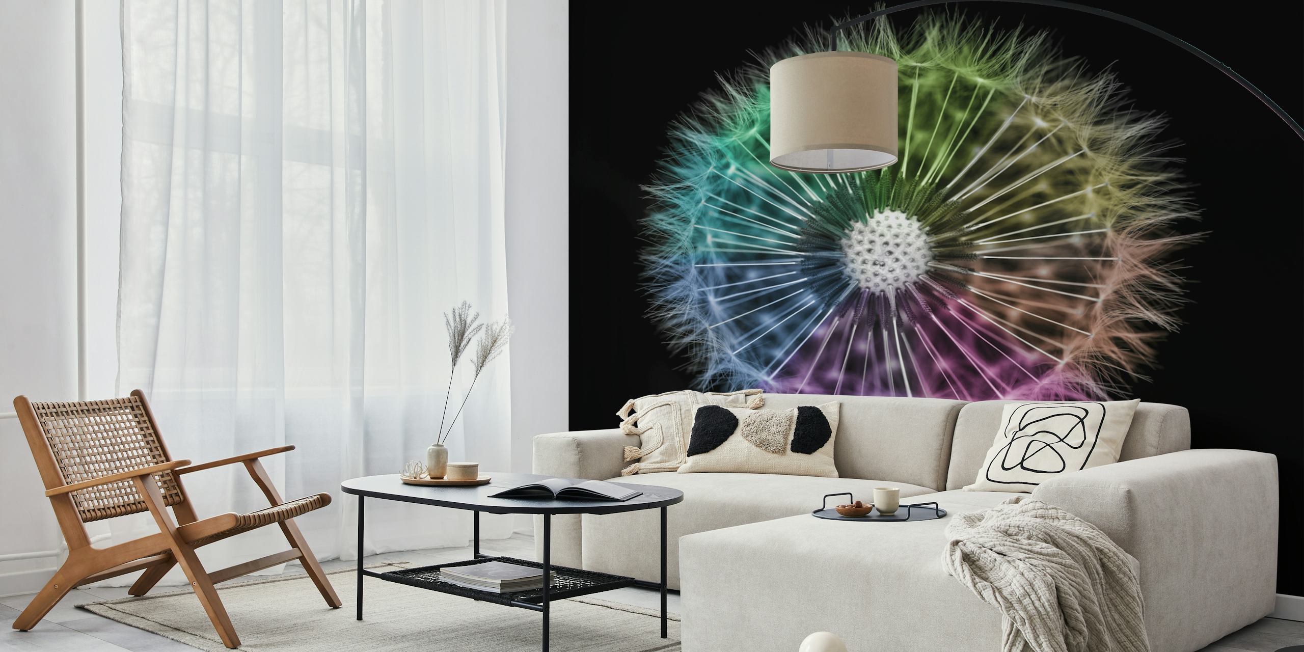 Colorful dandelion pattern with rainbow hues on black wallpaper