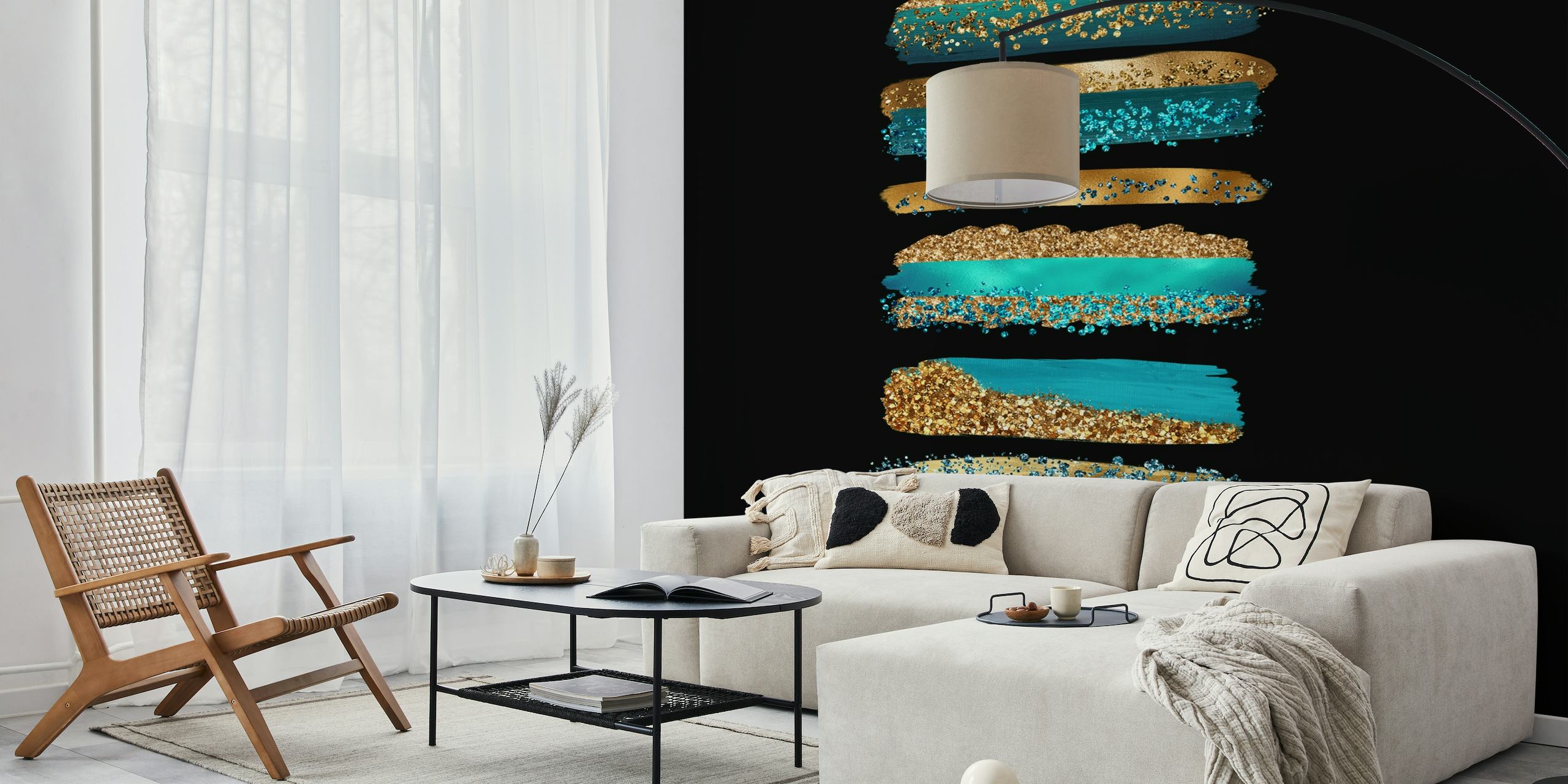 Abstrakt havfrue-inspirert veggmaleri med glitrende striper i nyanser av blått og gull