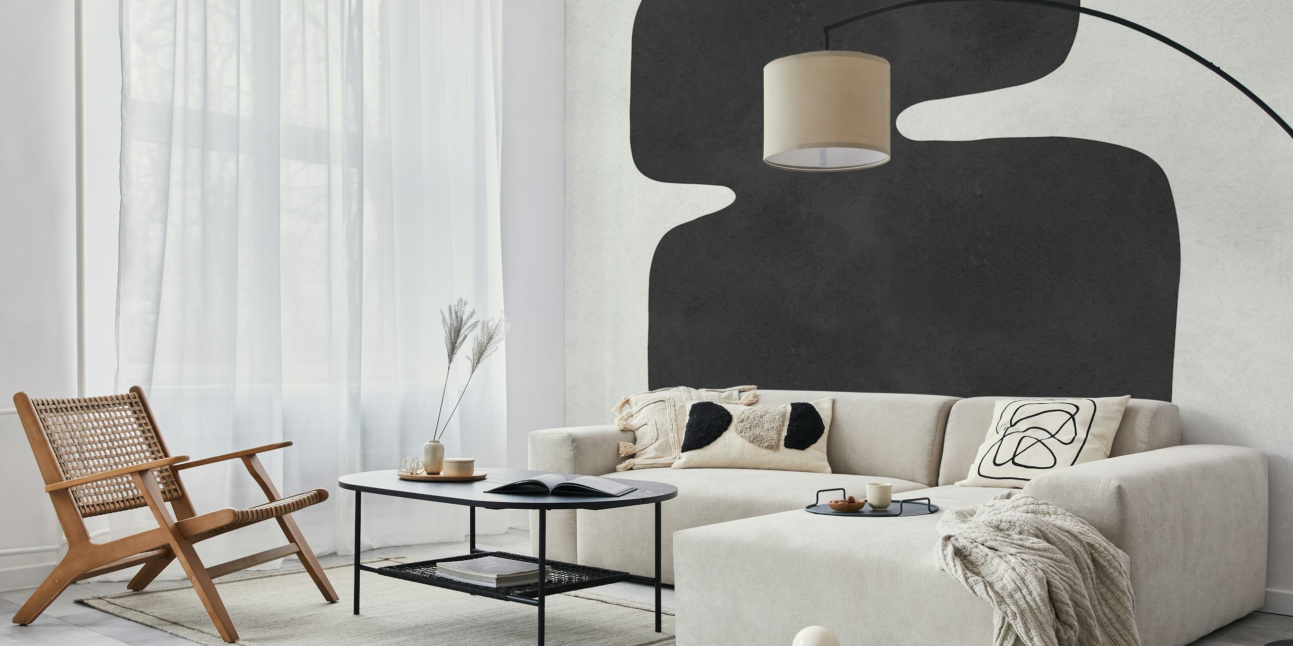 Black abstract geometric shapes on light gray wallpaper