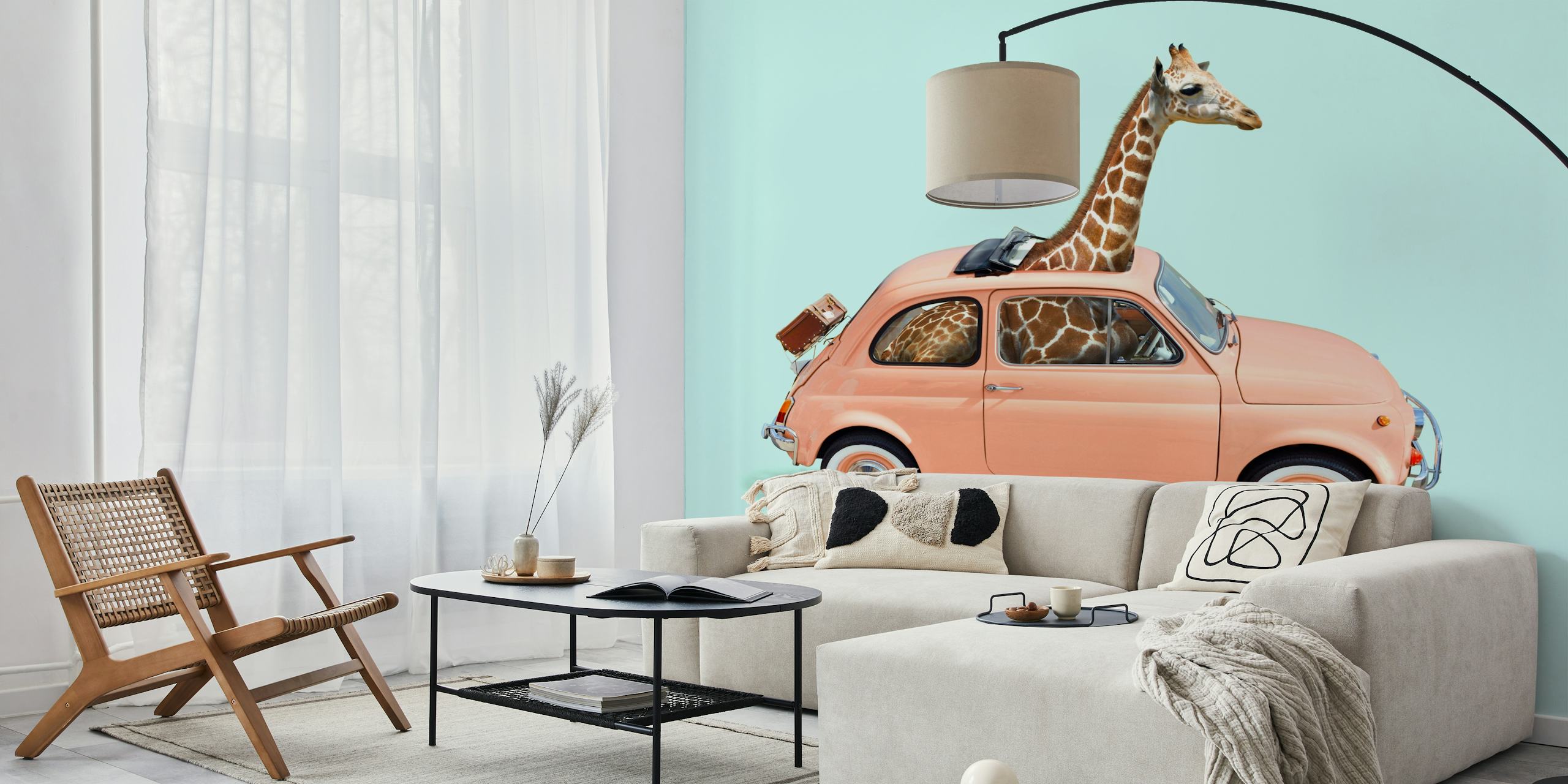 Giraffe i en pink bil tapet
