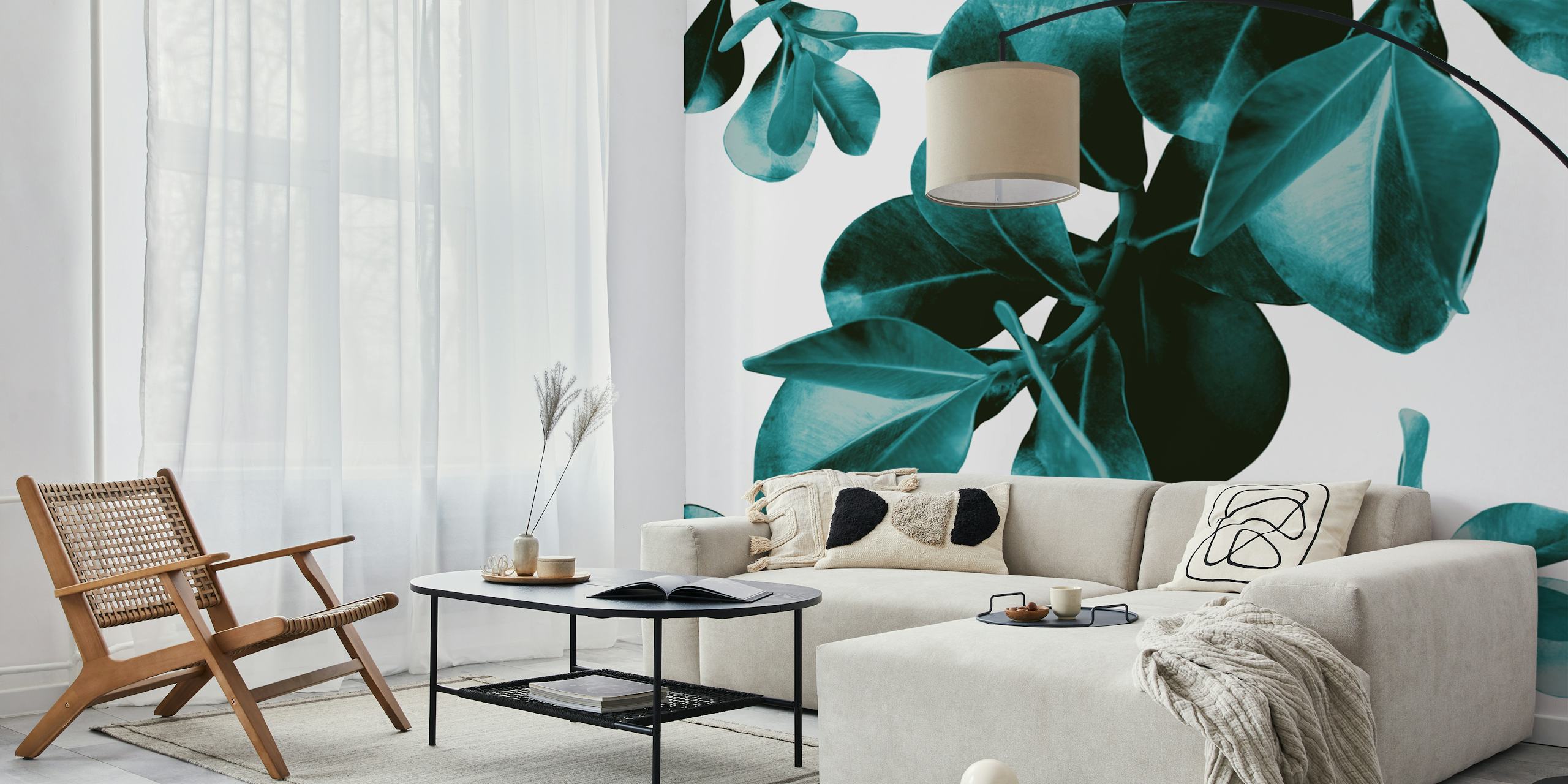 Teal Ficus leaves on a white background wallpaper