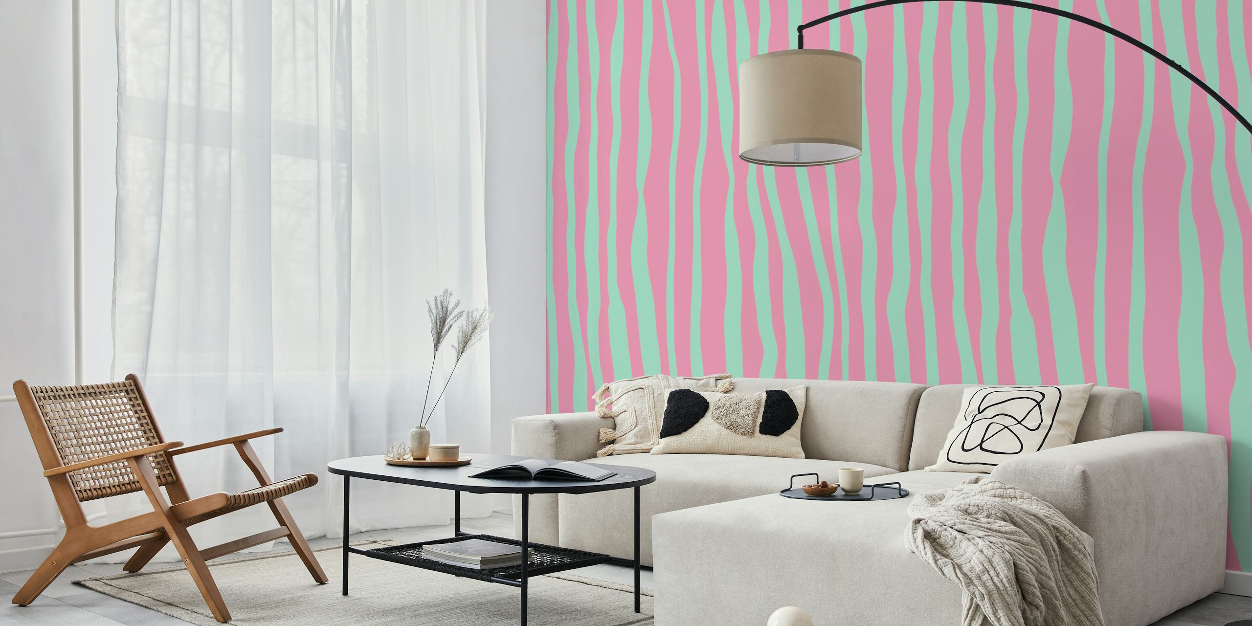 Pastel aqua and pink striped wallpaper design