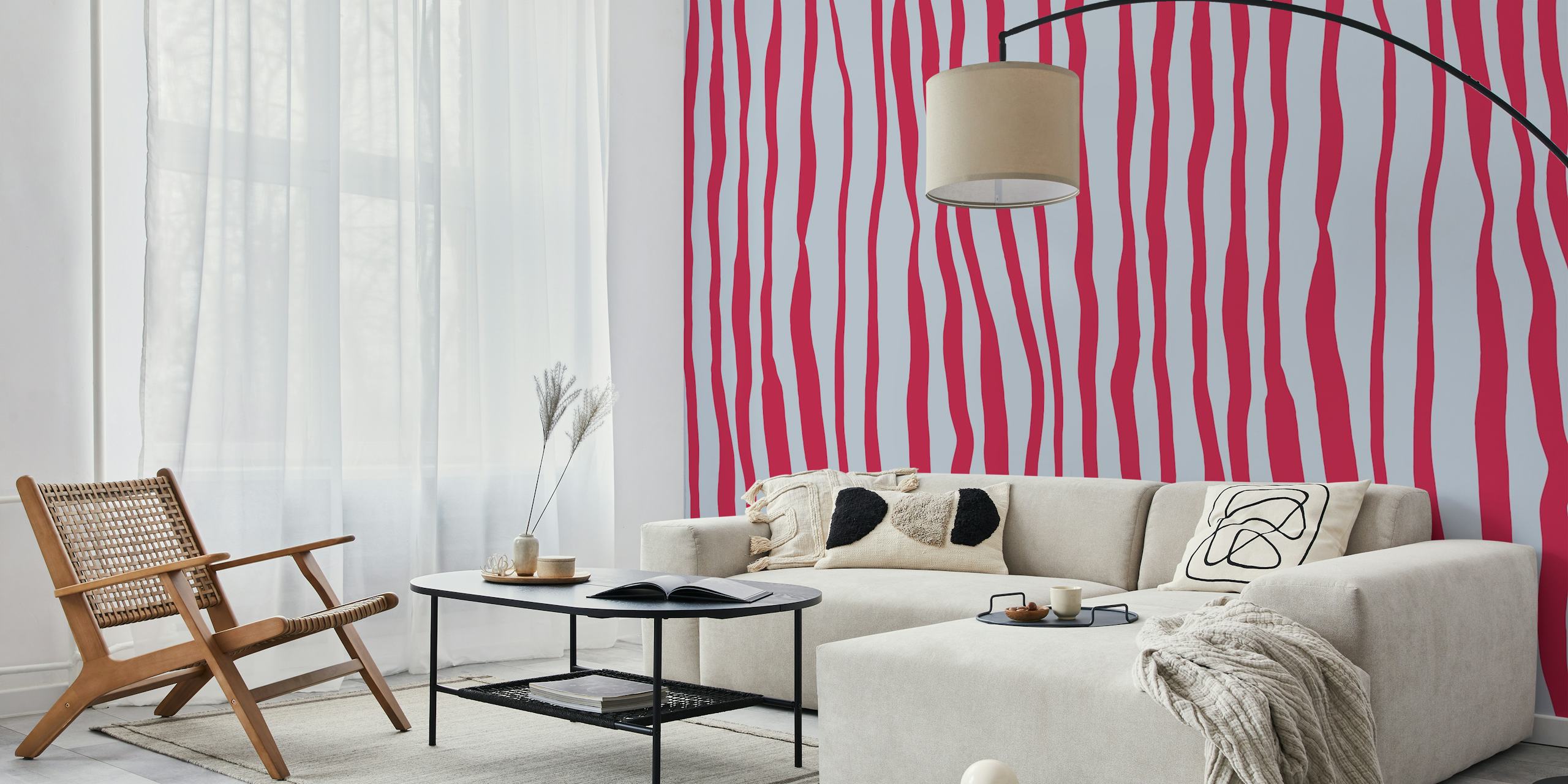 Vertical striped wallpaper in magenta and light gray colors