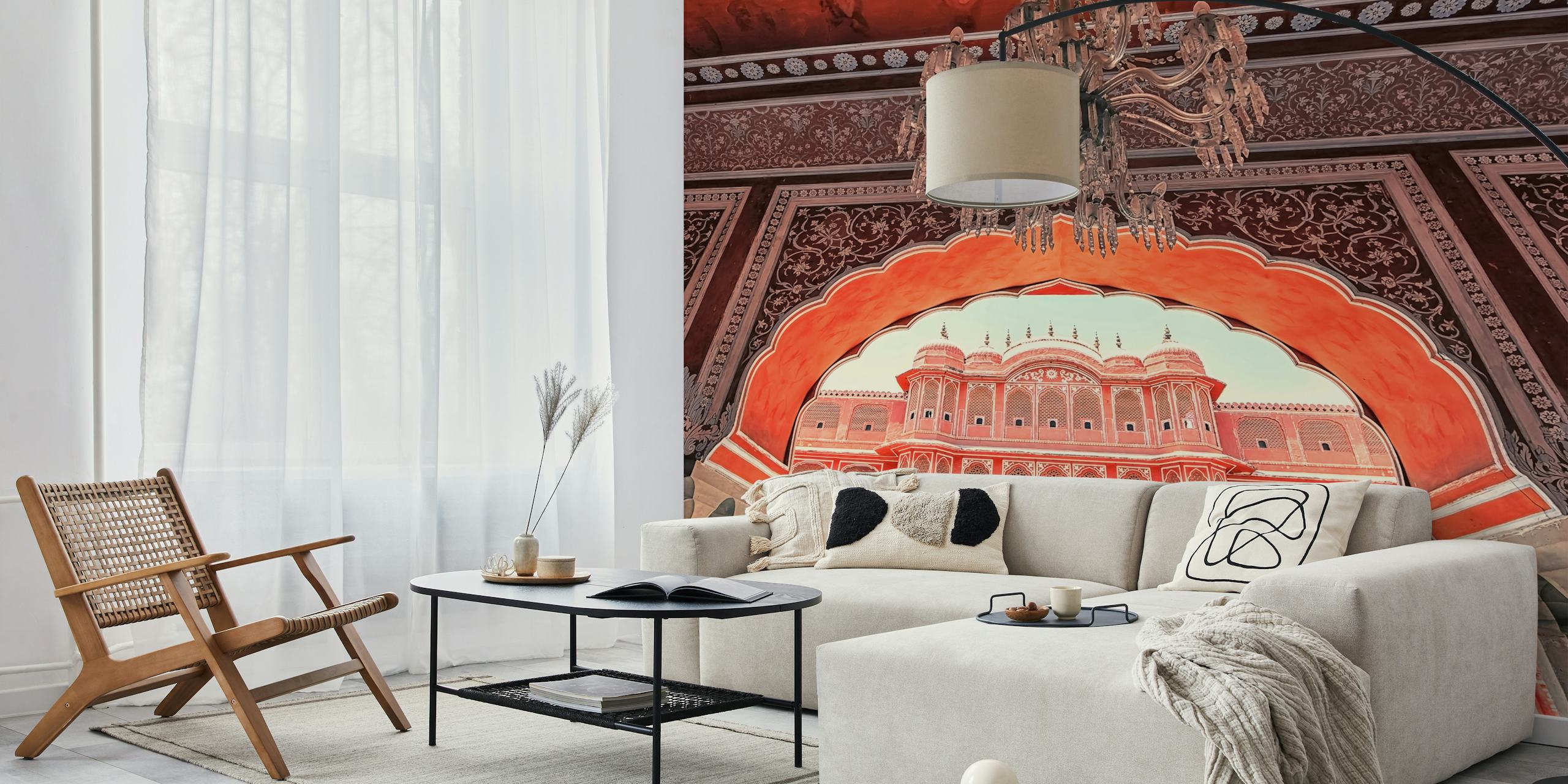 Intricate architecture with warm colors and chandelier wallpaper