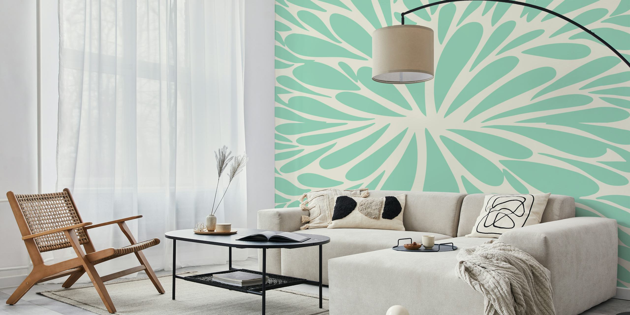 Abstract floral burst pattern aqua em um quarto