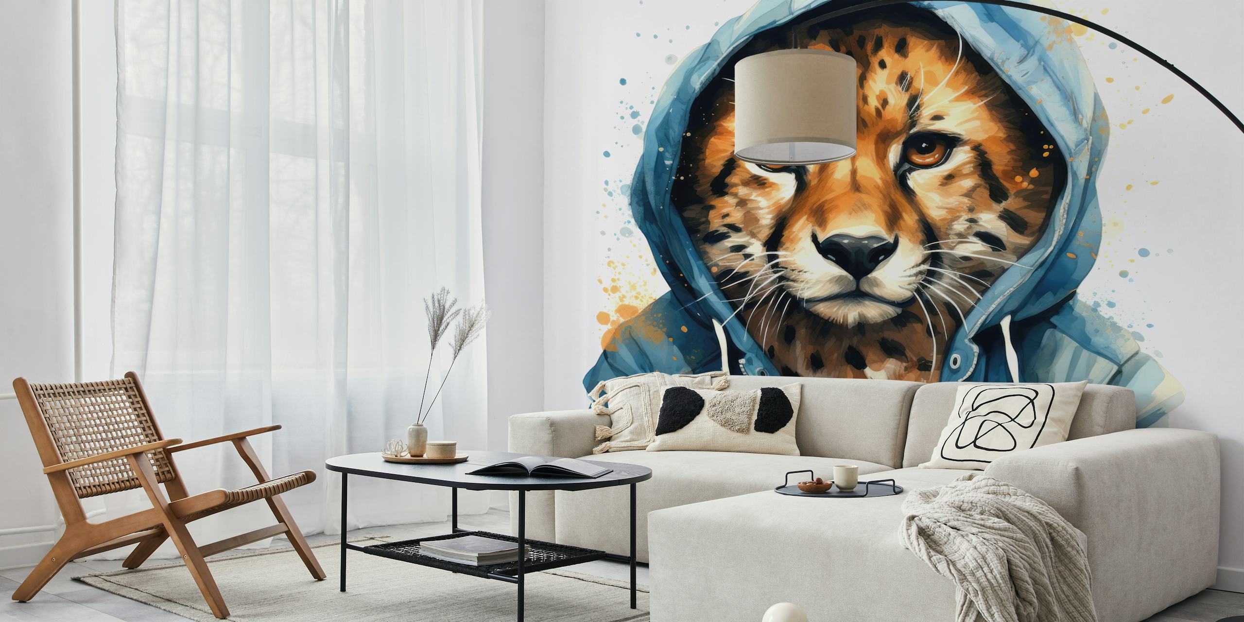 Cartoon cheetah in a blue hoodie with splashes of color wallpaper