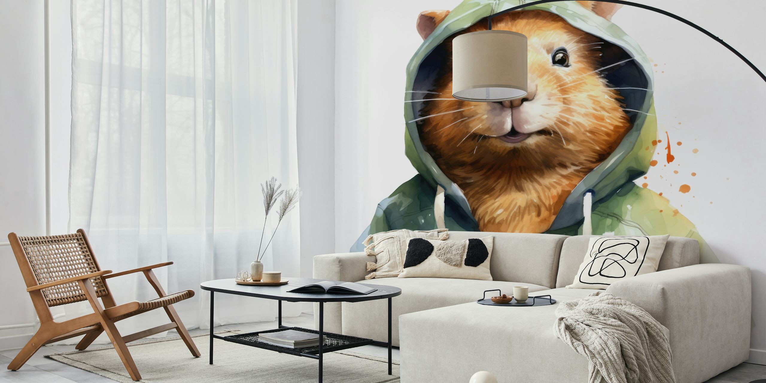 Whimsical Watercolor Capybara in Hoodie Wall Mural