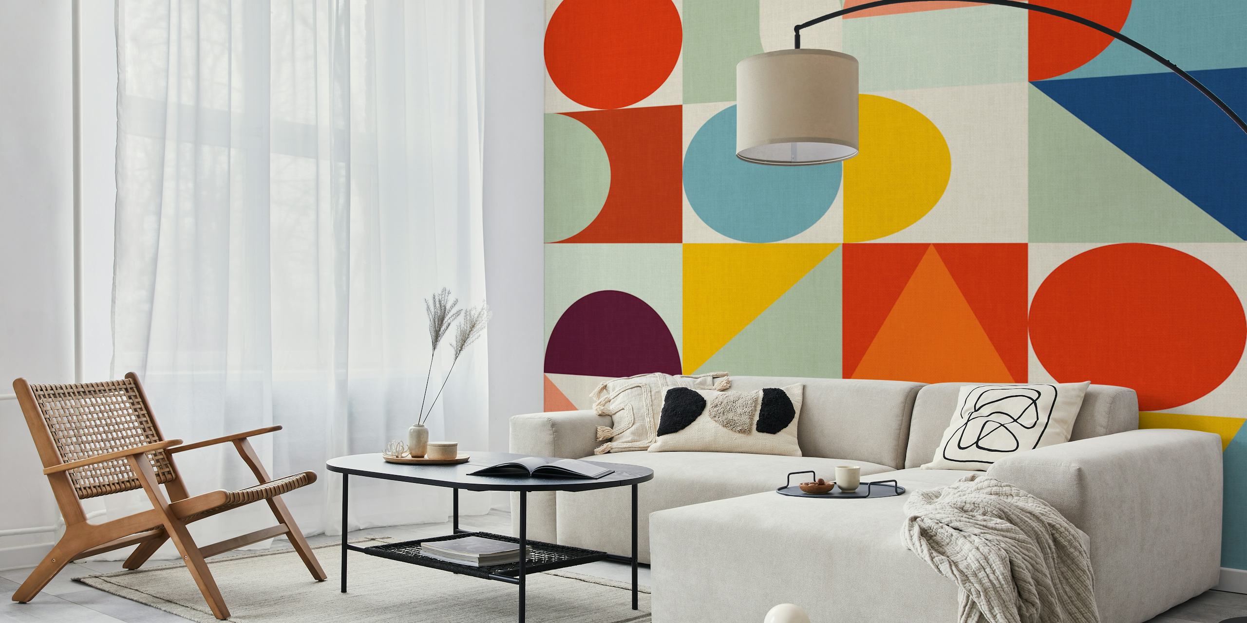 Geometric shapes in red, blue, yellow, and cream wallpaper