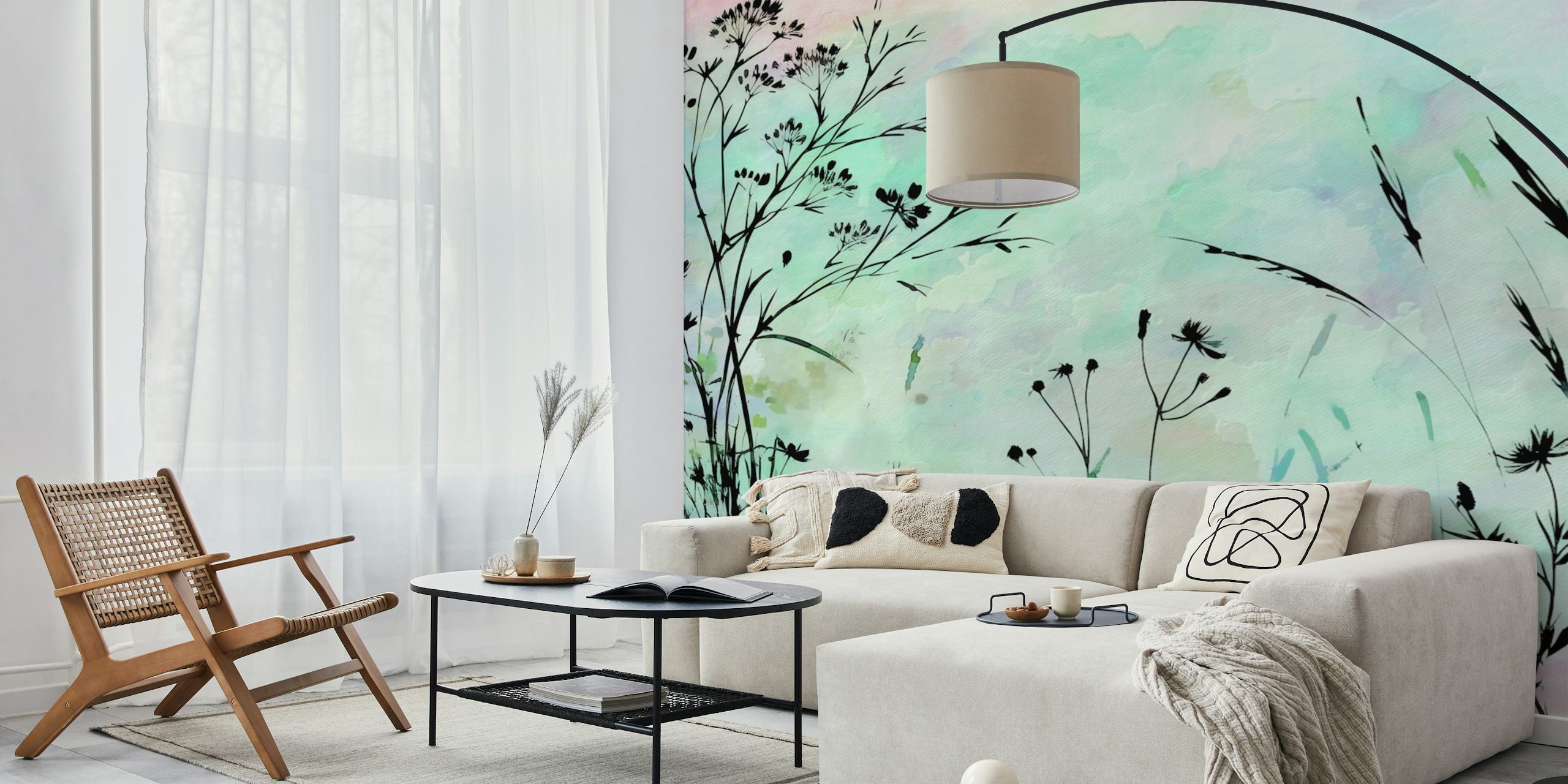 Turquoise floral silhouettes against a pastel background wallpaper