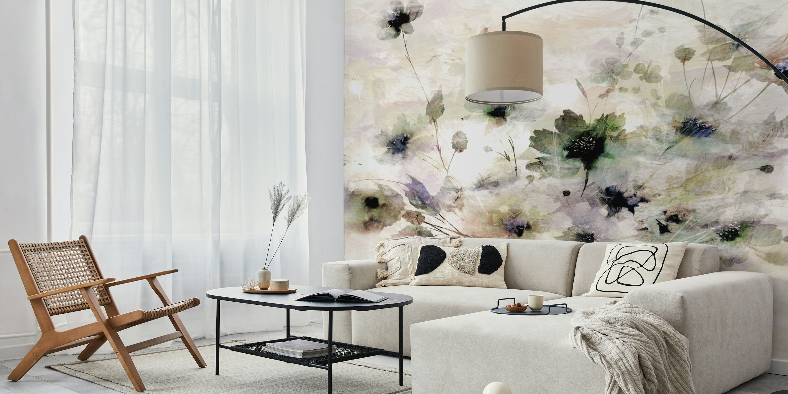 Floral arrangement in soft pastel colors on textured background wallpaper