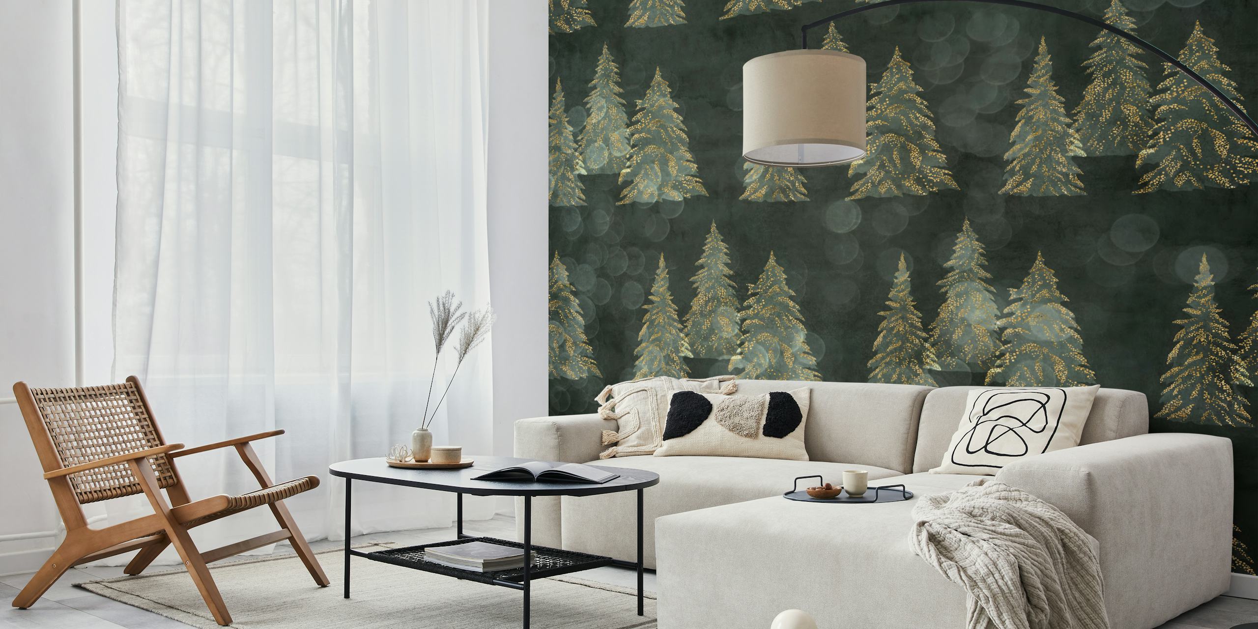 Ταπετσαρία Snowy Winter Trees - Dark Green σε ένα δωμάτιο
