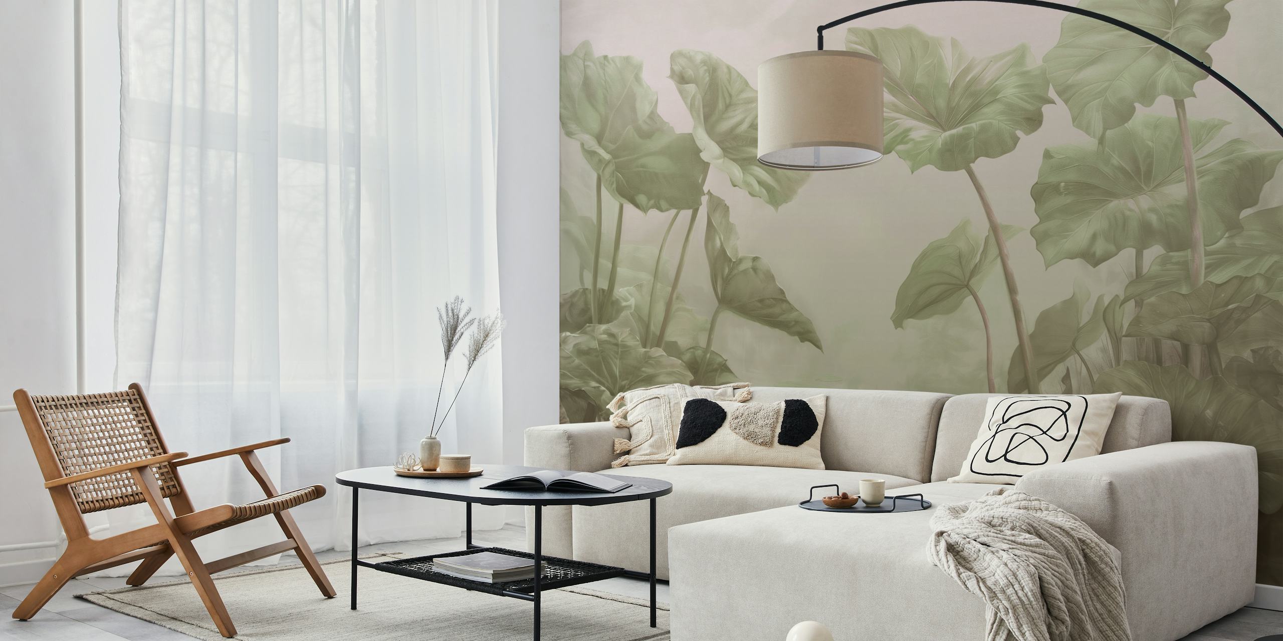 Leafy lagoon warm green wallpaper displayed in a room
