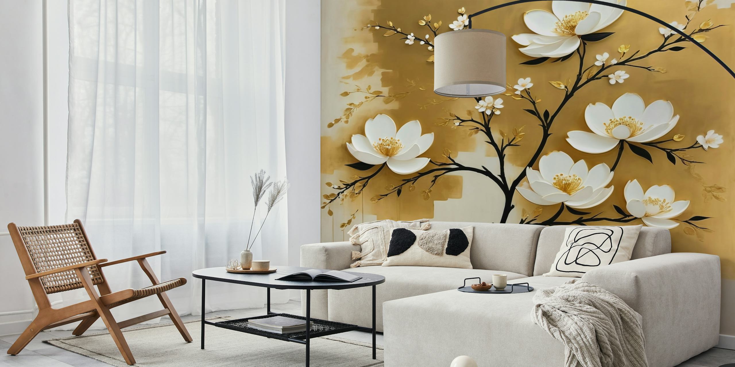 Gold floral design wallpaper with white flowers on branches