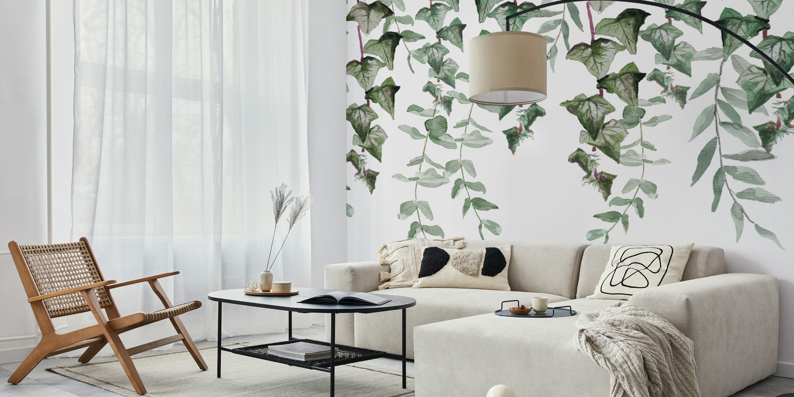 Ivy and eucalyptus leaves in green on white background wallpaper