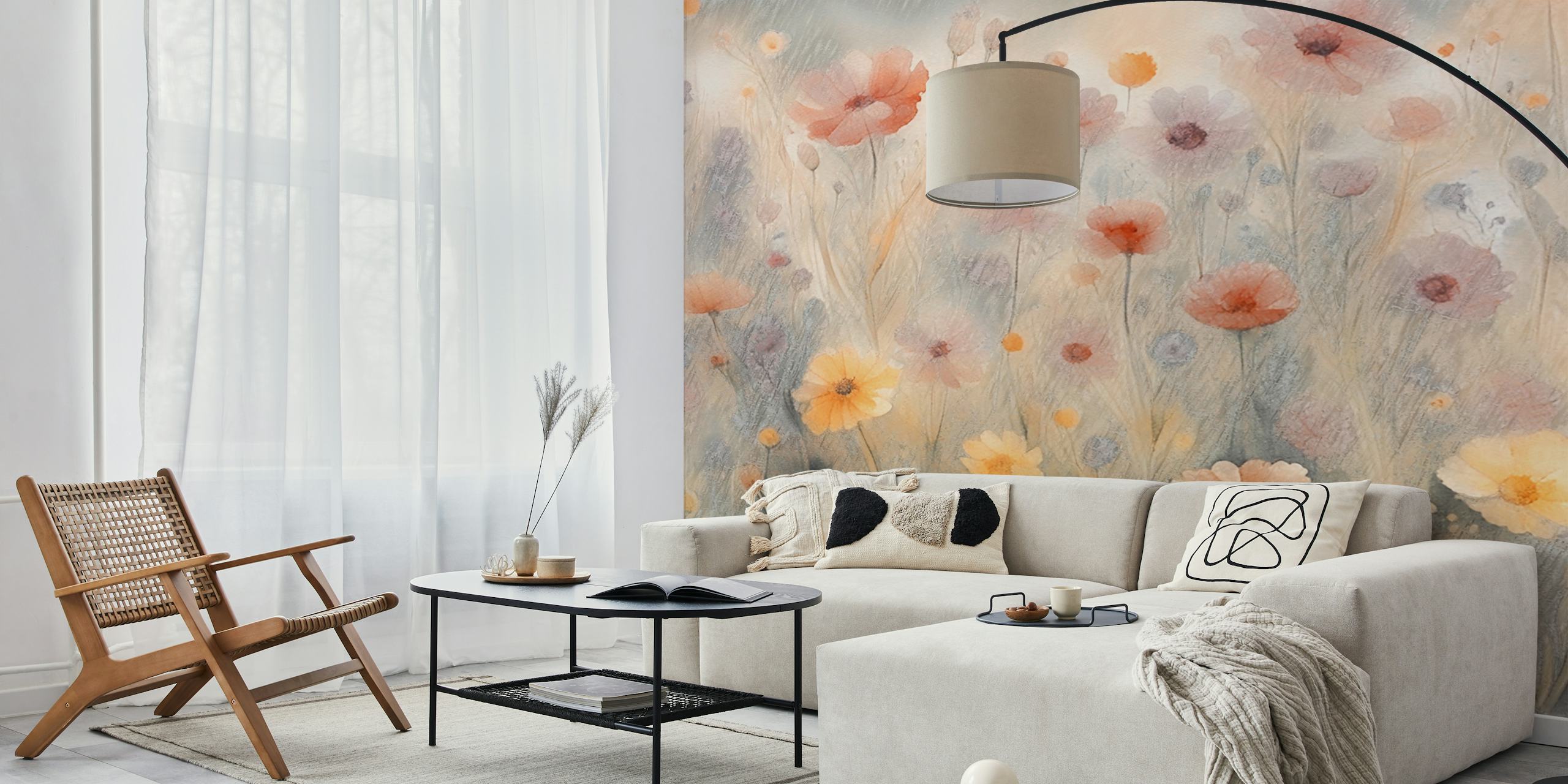 Soft pastel floral field wallpaper design with light colors.