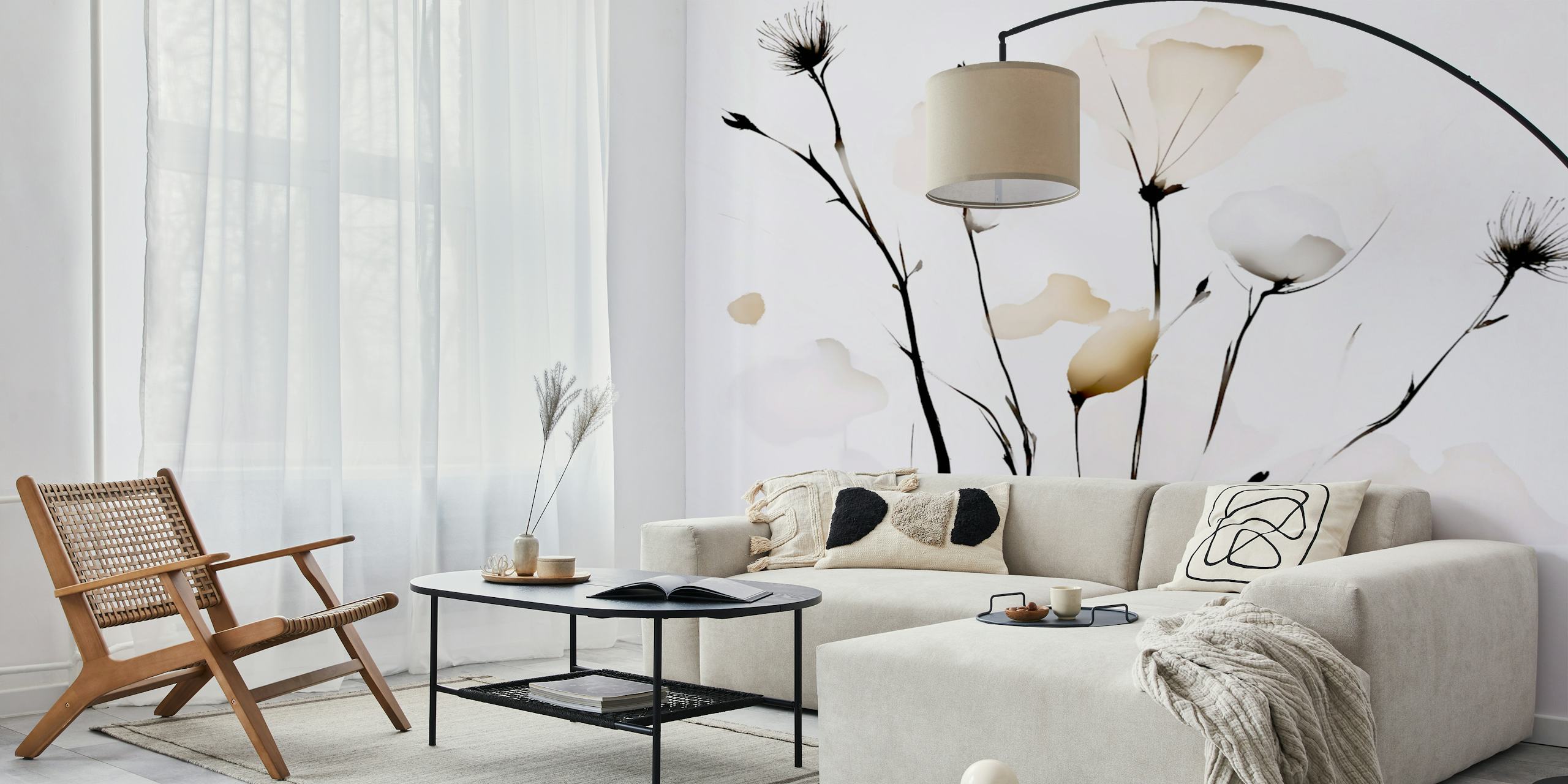 Floral design in soft beige and white on a light background wallpaper