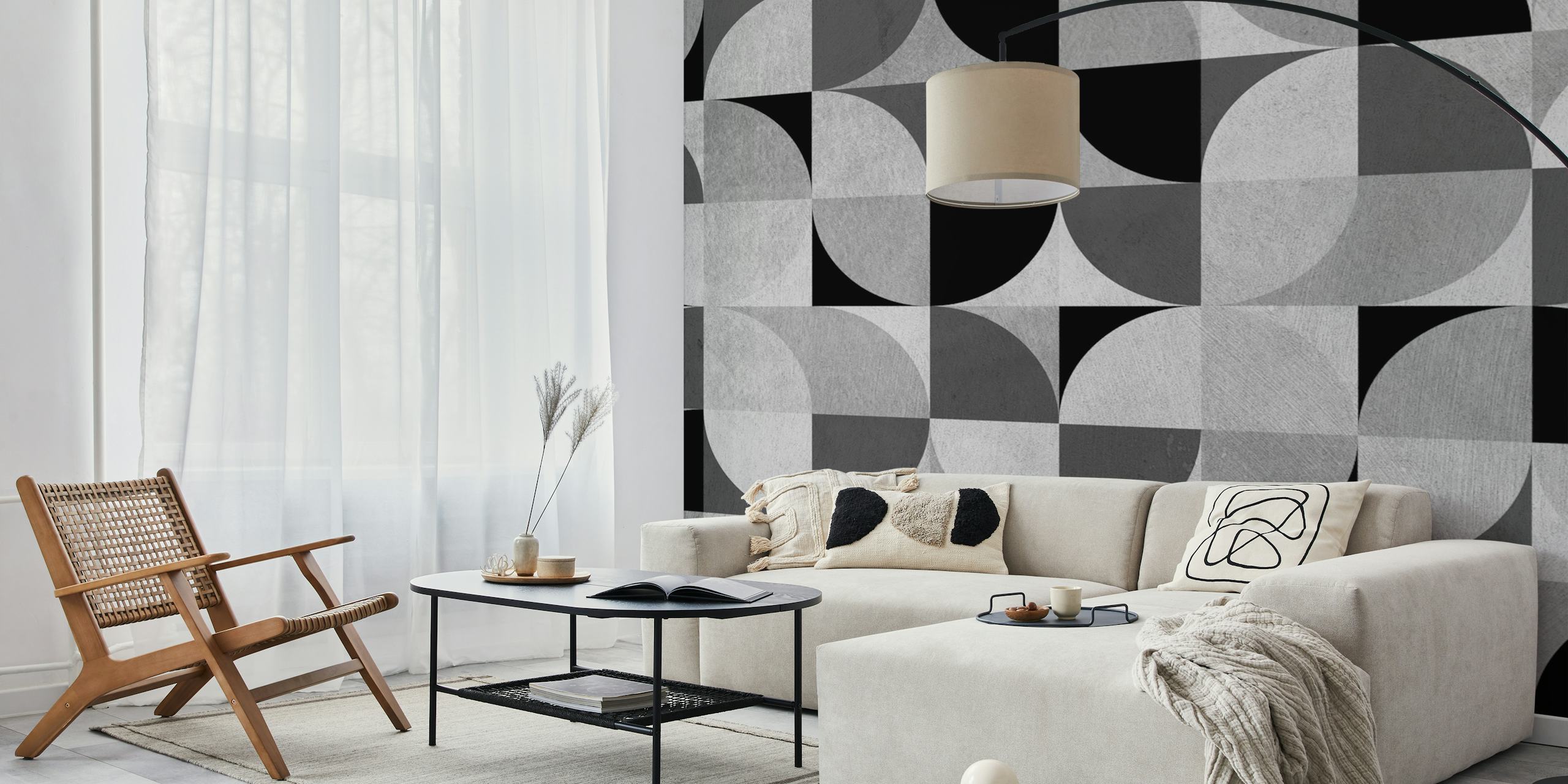Geometric black and white pattern wallpaper with circular shapes