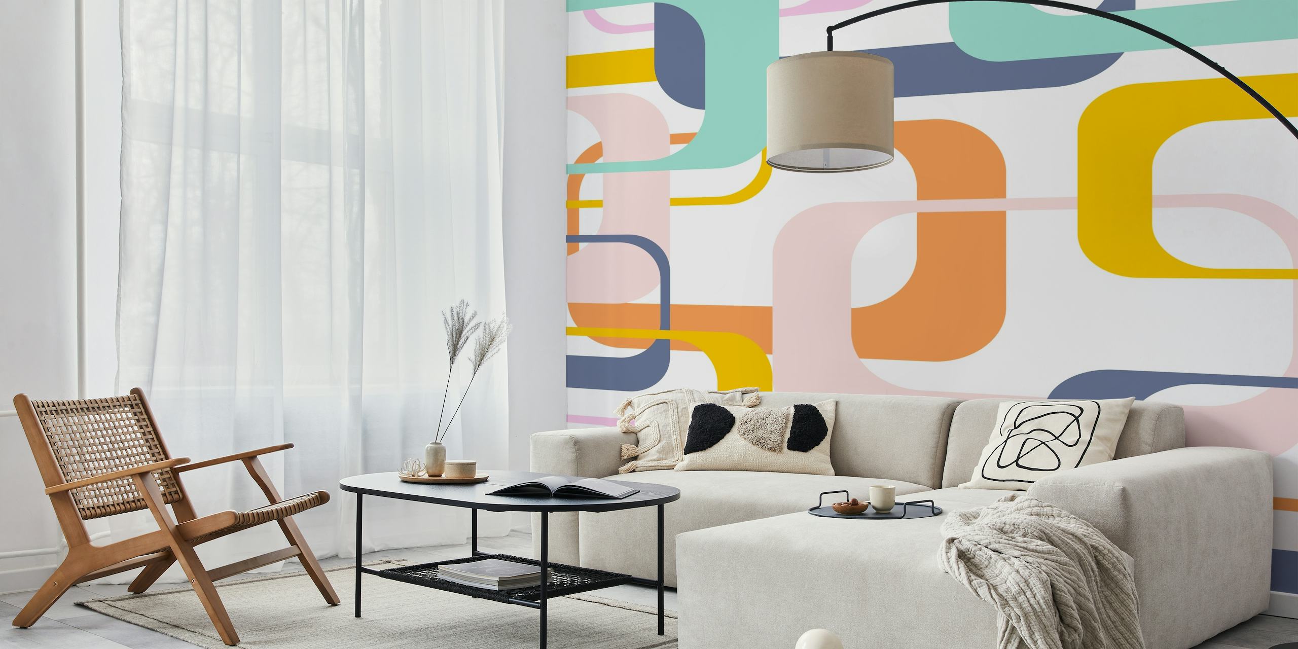 Colorful geometric shapes wall mural in mid-century modern style