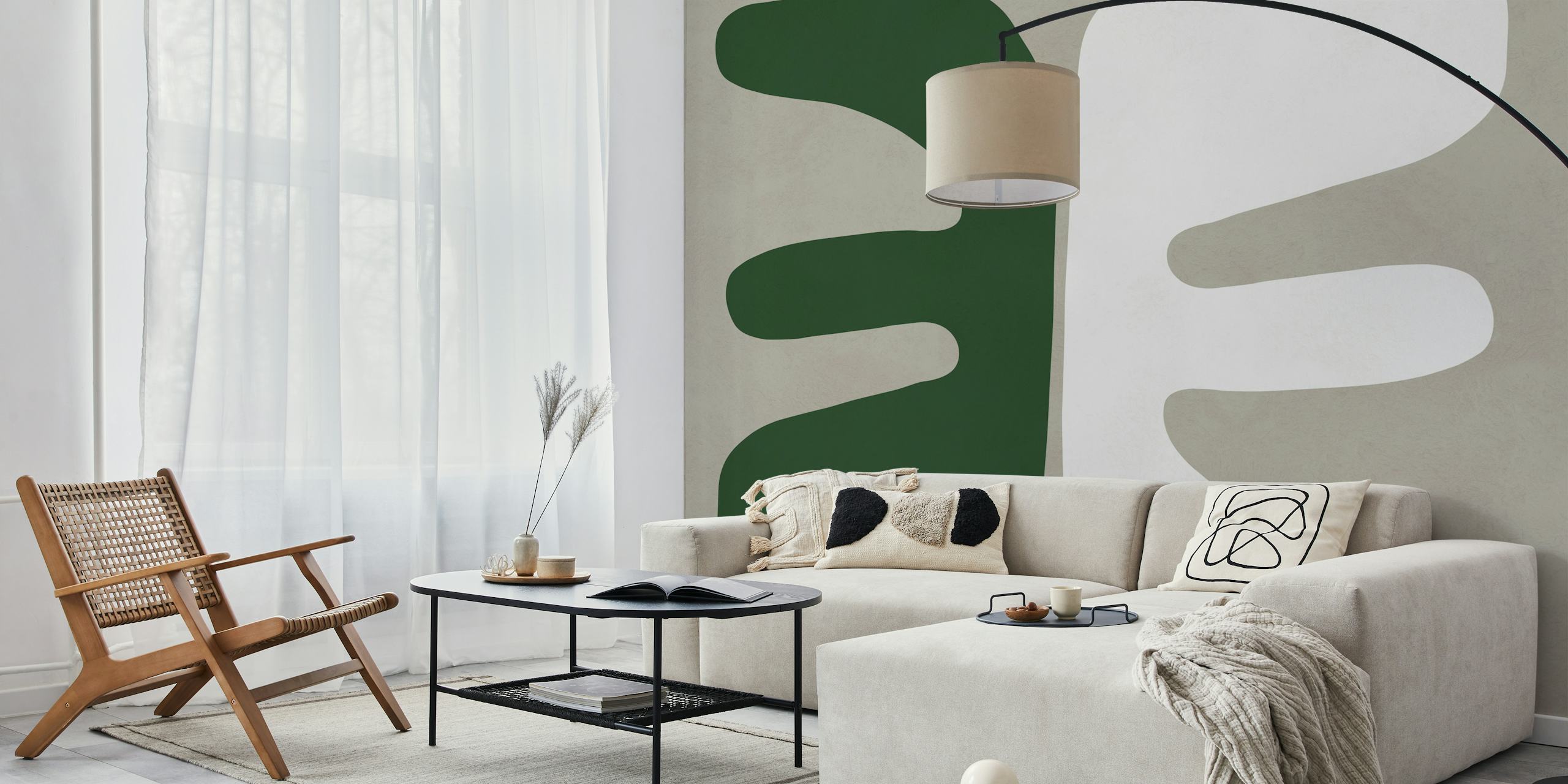 Green and white abstract shapes on a beige background wallpaper