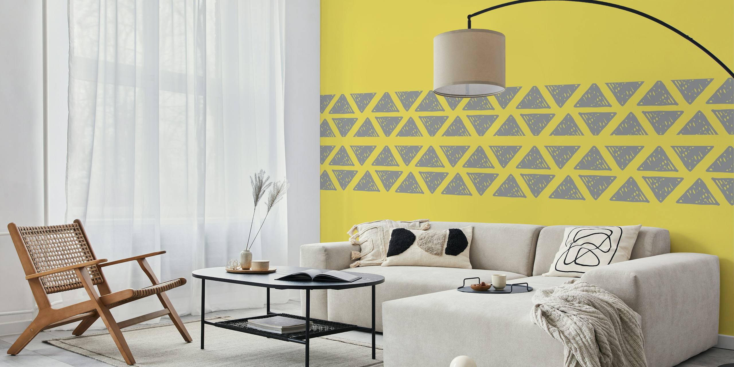 Geometric pattern of grey triangles on yellow background wallpaper